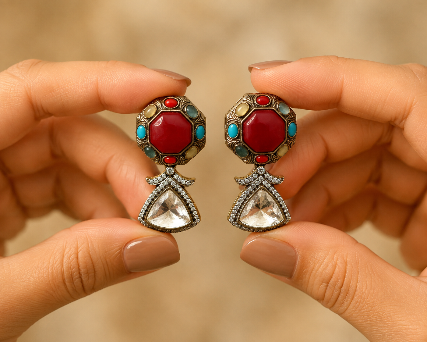Luxury Statement Earrings Multi Kundan Stones Gold Tone Drop Roz Jewellers.