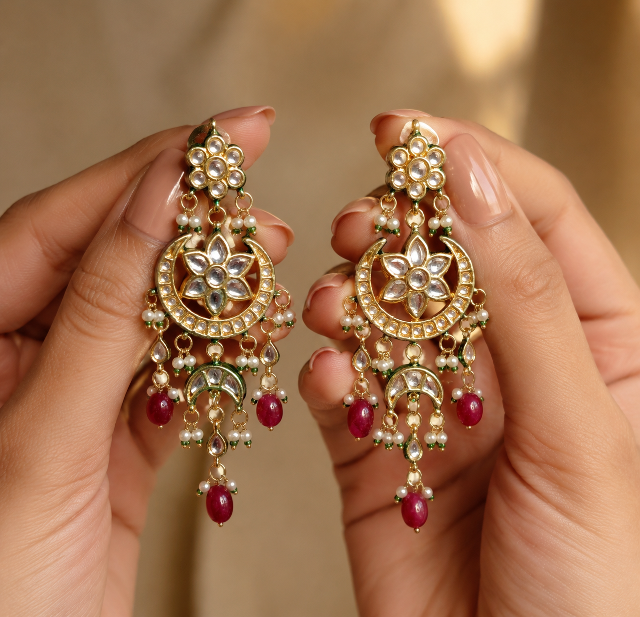 Royal Kundan Chandbali Earrings in Red & Gold with Pearl Drops Roz Jewellers