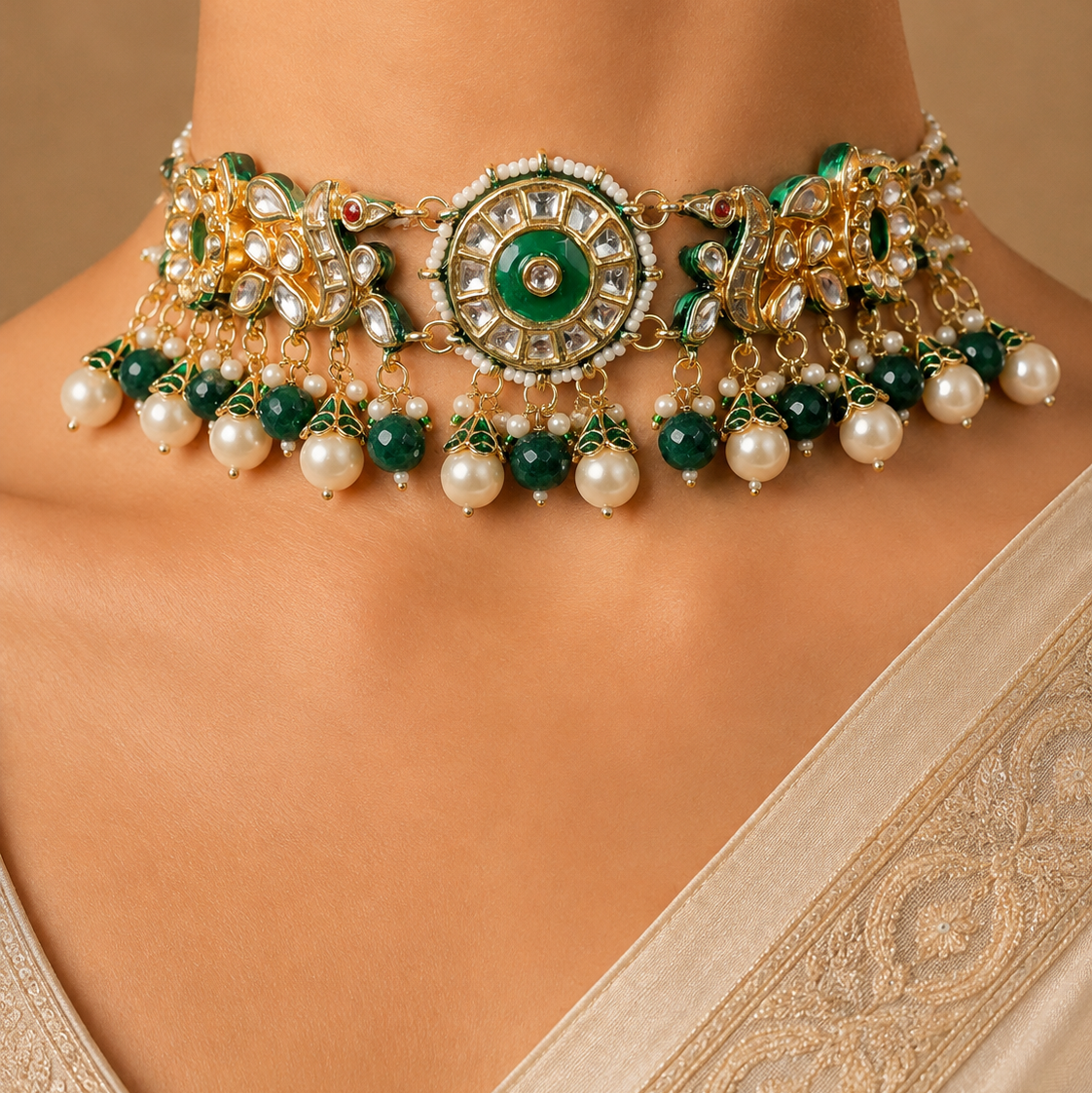 Traditional Green Kundan Necklace Set with Pearl Dangling Beads Roz jewellers