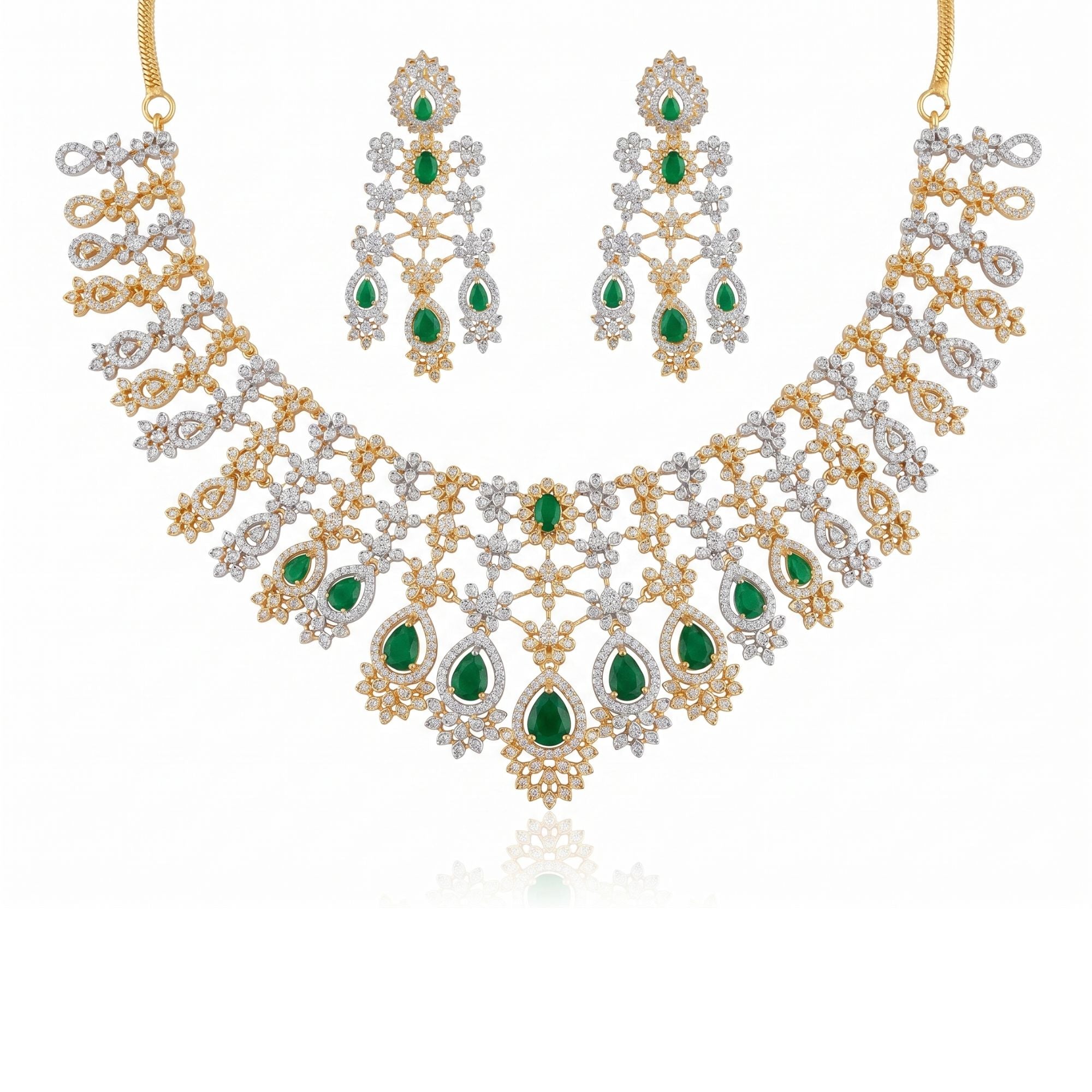 Emerald Green Stone Necklace Set | Gold Plated Bridal Jewellery | Roz Jewellers