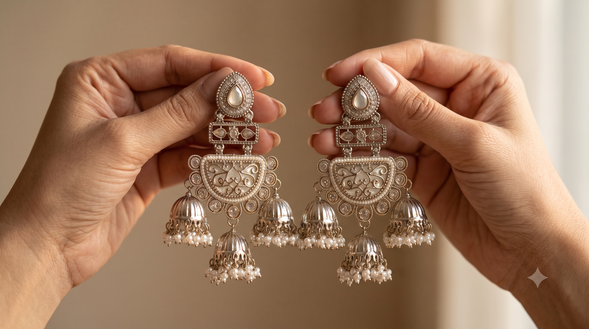 White Moissanite Jhumka Earrings Indian Traditional Ethnic Bridal Wedding Jewelry Roz Jewellers