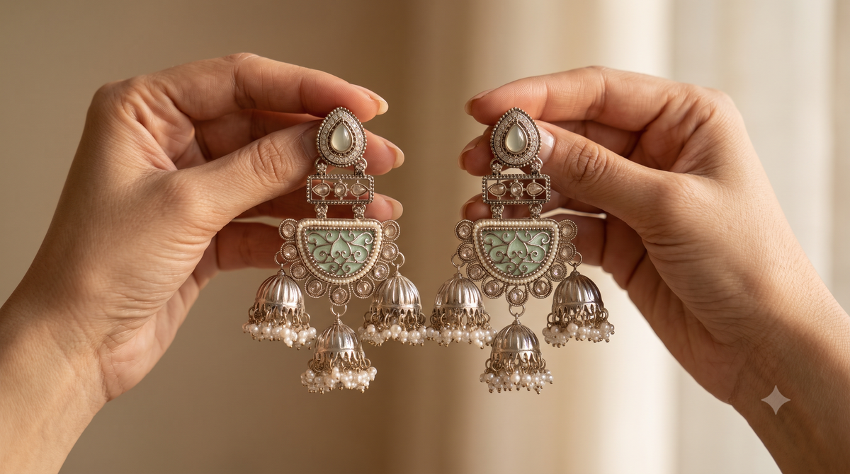 Mint Green Indian Moissanite Jhumka Earrings Traditional Bridal Statement Jewelry Roz Jewellers