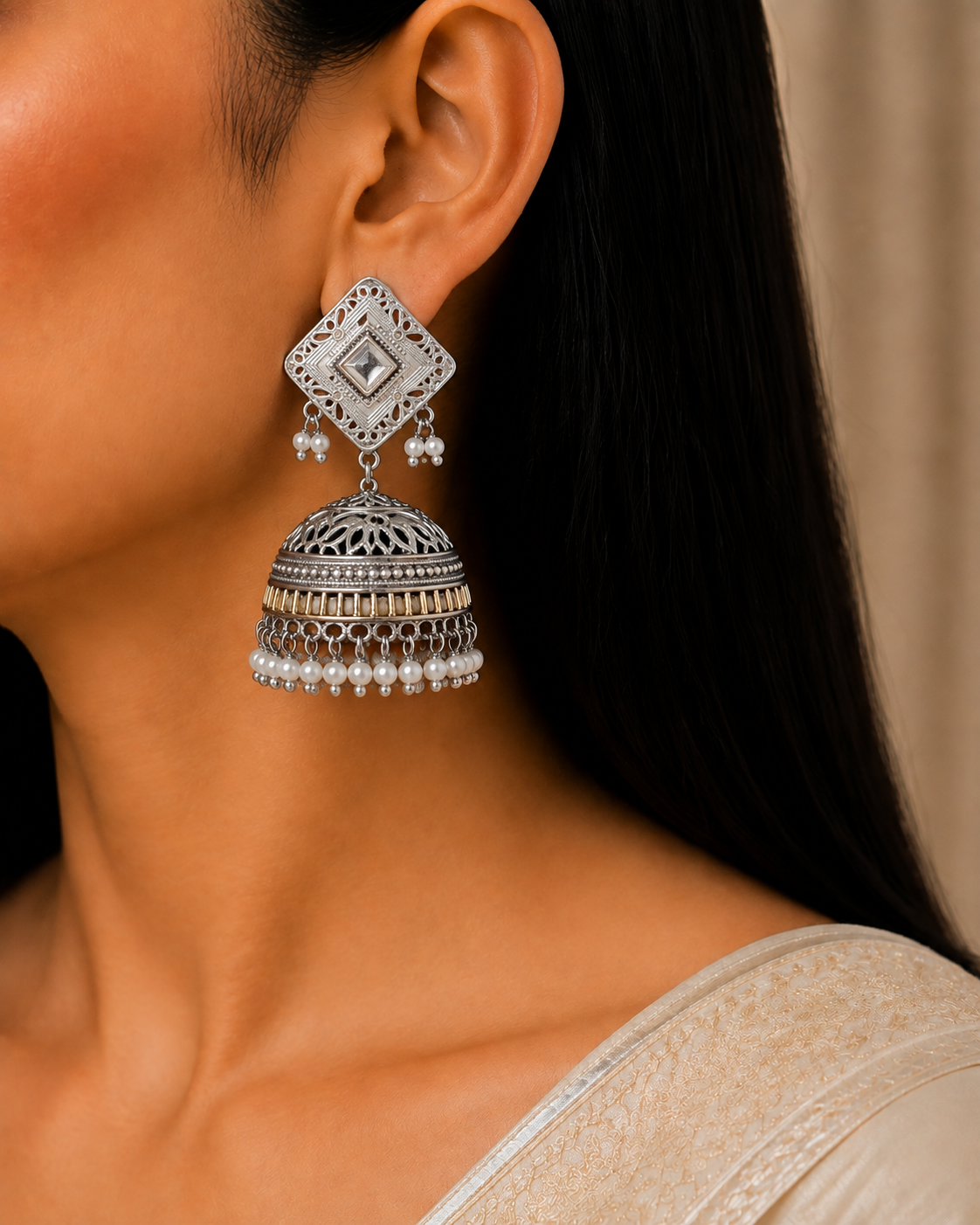 White Stone Square Oxidized Silver Kundan Jhumka Earrings with Pearl Roz Jeweller.