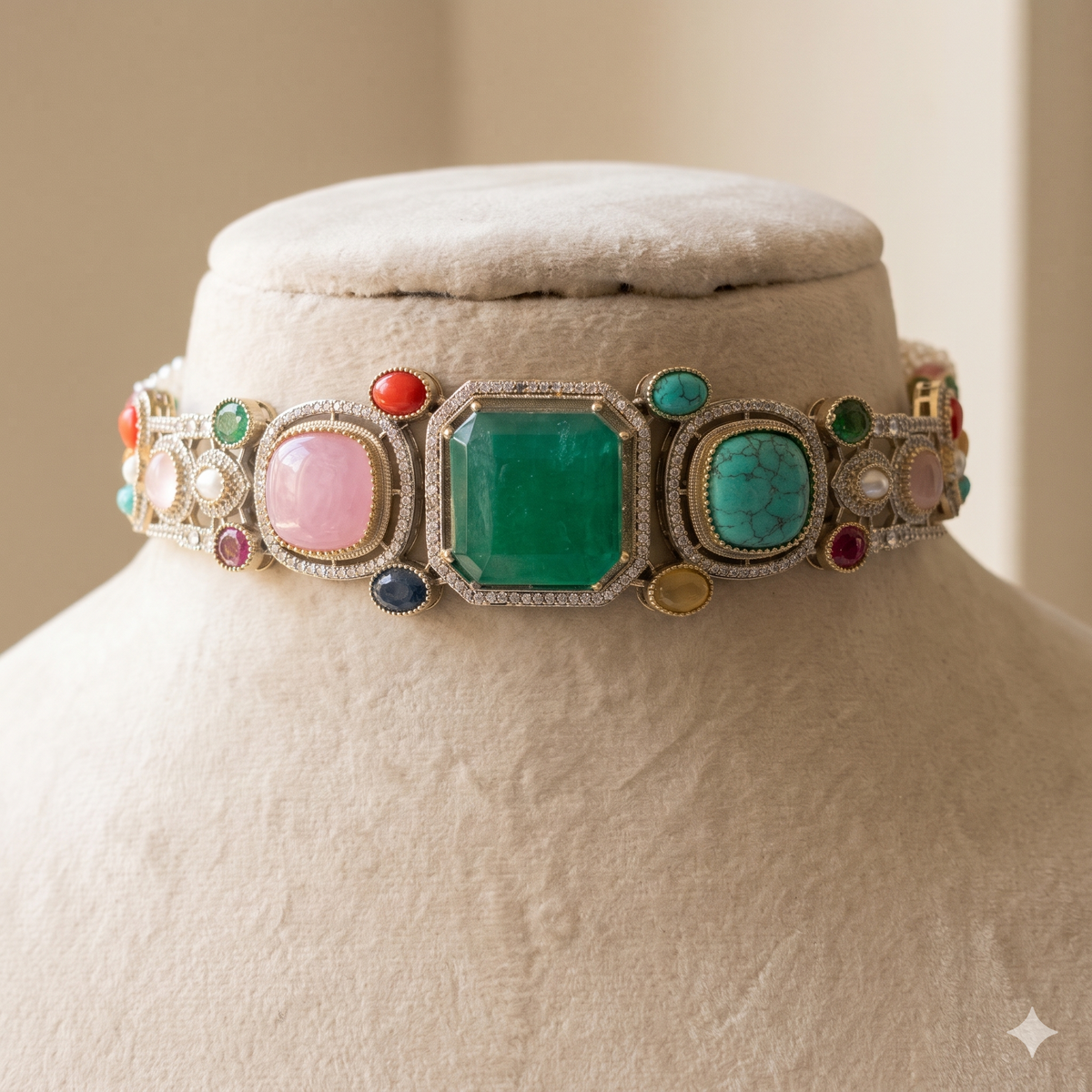 Elegant Emerald Moissanite Choker Necklace Multi Stone Design Festive Jewellery Roz Jewellers