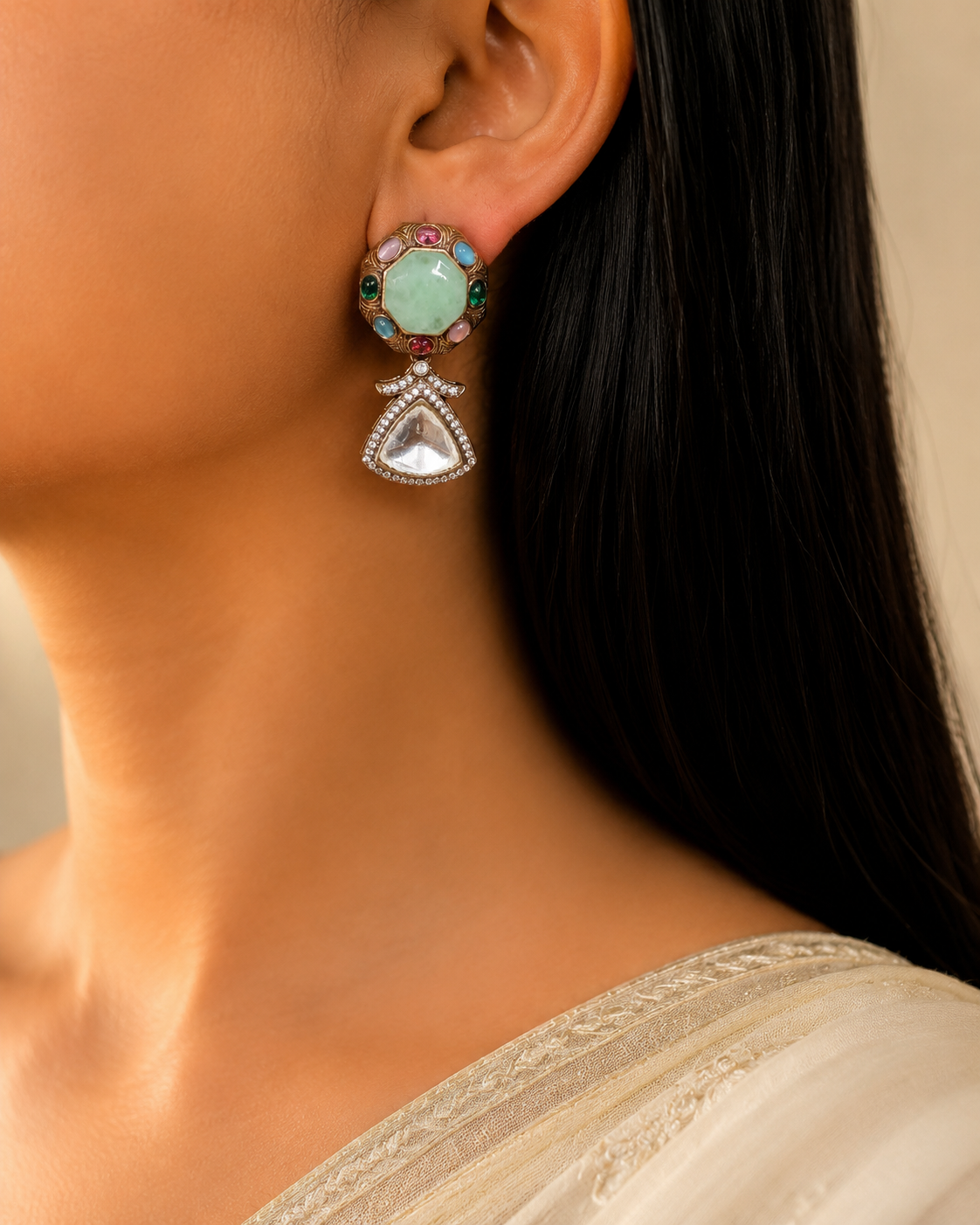 Luxury Mint Green Multi Kundan Stone Designer Earrings Gold Tone Drop Roz Jewellers.