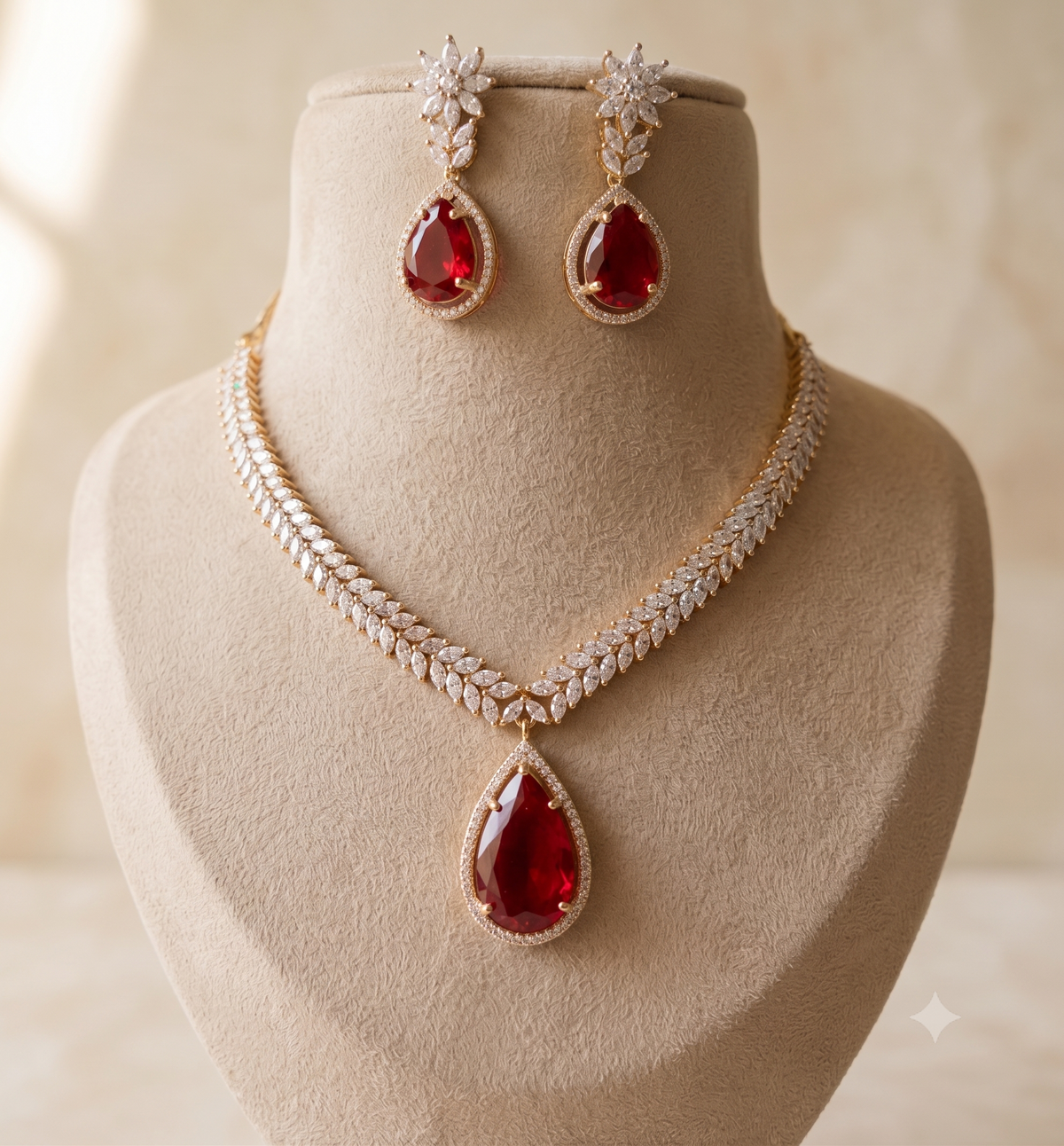 Elegant Flexible American Diamond with Ruby Centre Stone Necklace ROZ Jewellers.