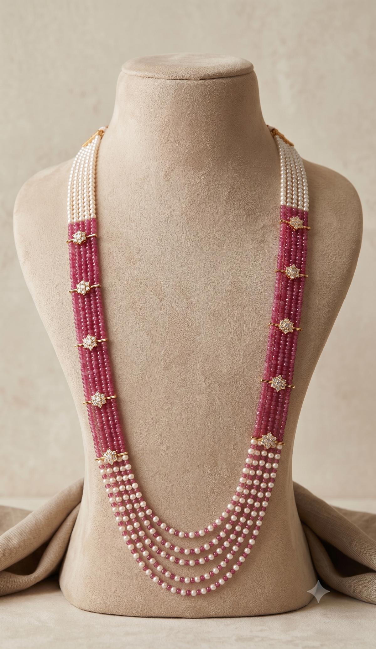 Pearl AD Necklace Pink Multi Strand Layered American Diamond Party Wear Roz Jewellers