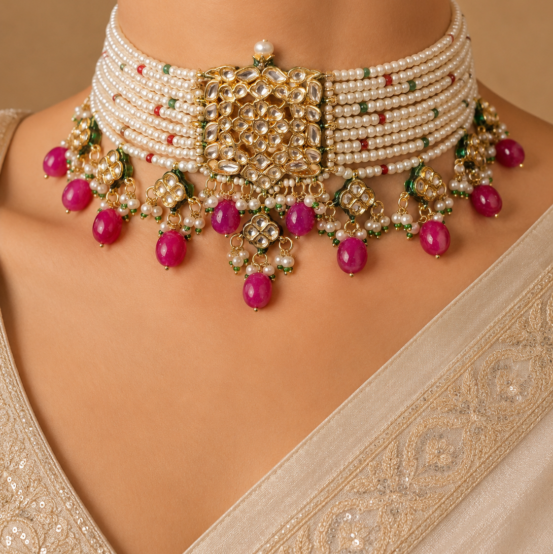 Indian Kundan Pearl Choker Necklace Earrings Set with Pink Drops Roz Jewellers