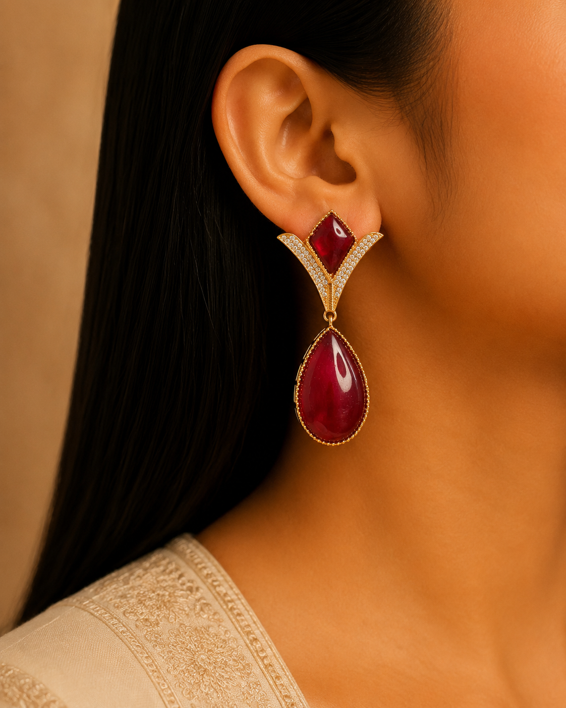 Ayra Pakistani Design Ruby Red Kundan Necklace with Teardrop Roz Jewellers.