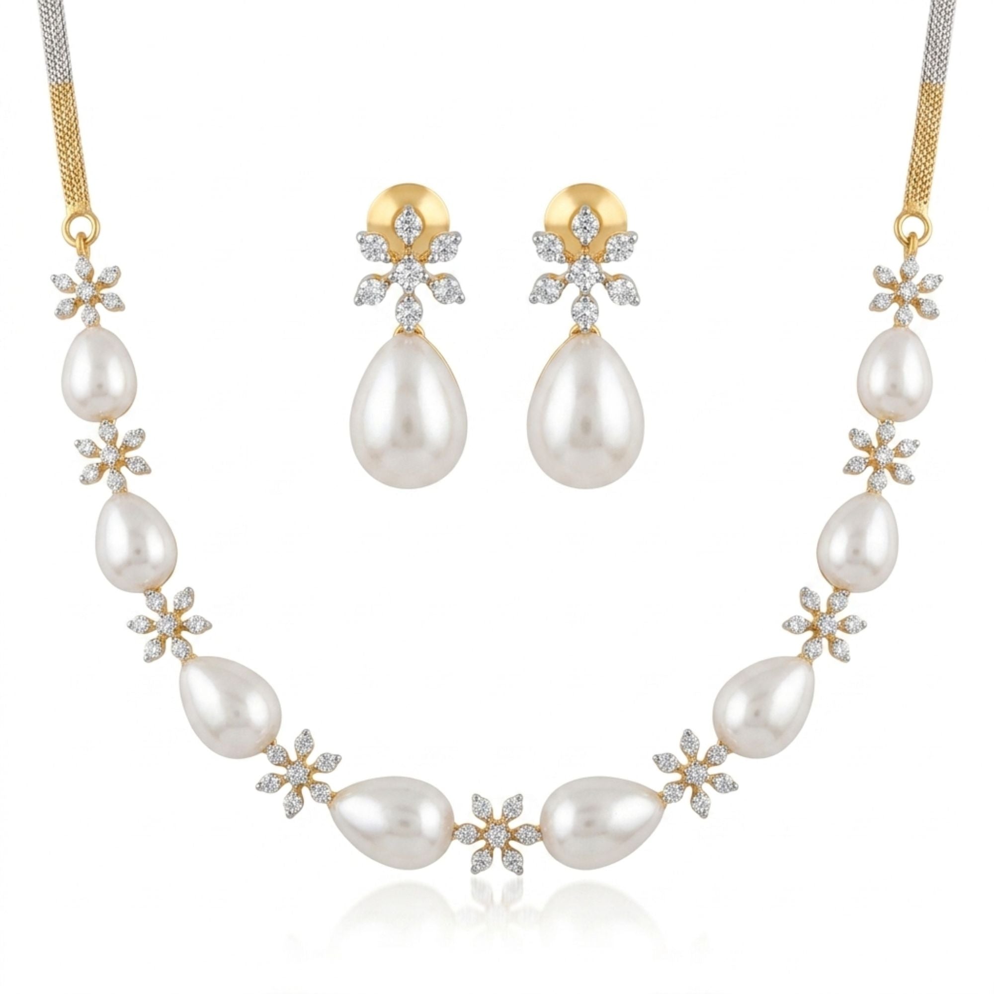 Classic White Pearl Long Necklace & Earrings Set | Gold Plated | Roz Jewellers