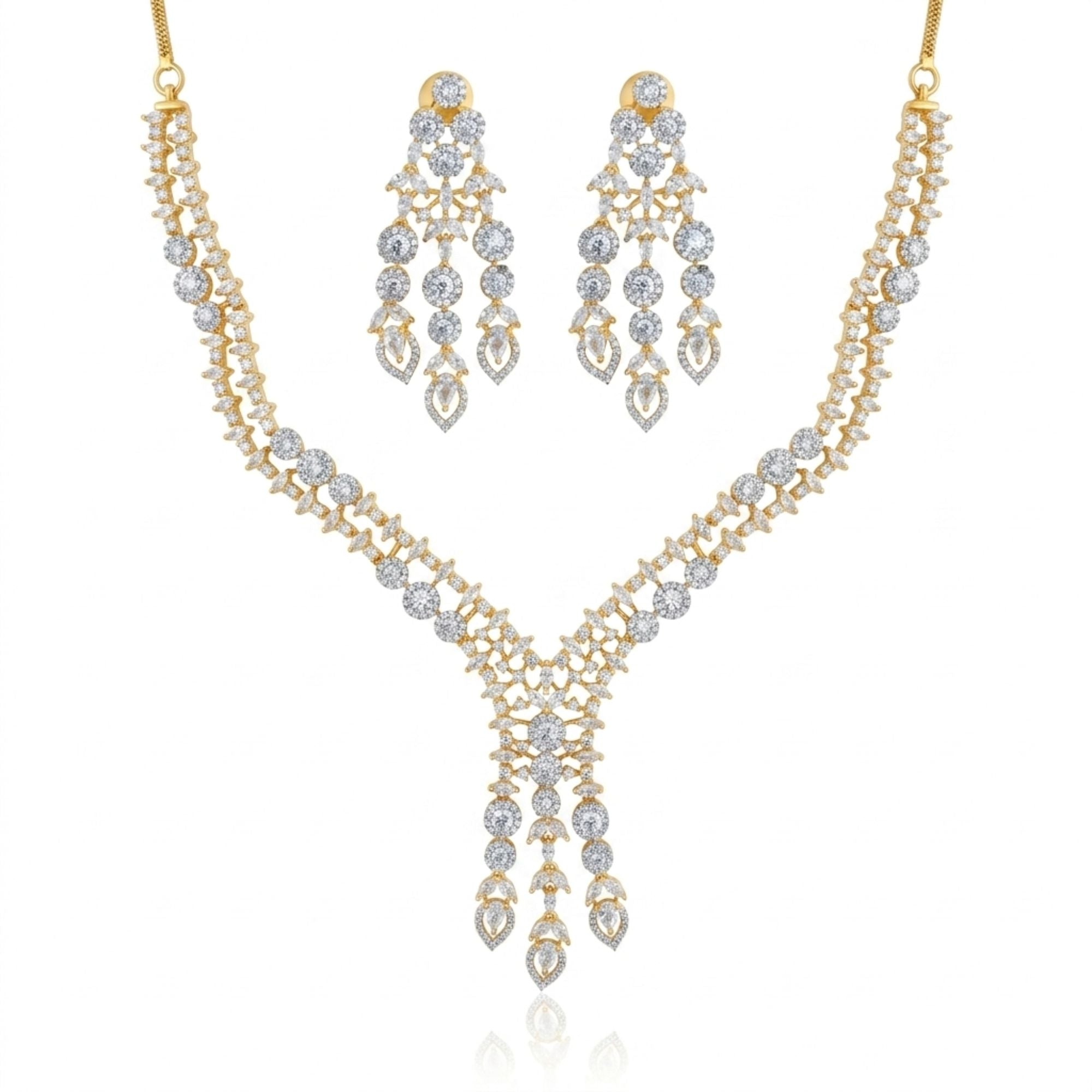 Classic White CZ Bridal Necklace & Earrings Set | Widest Diamond Look | 7CM Gold-Plated Broad Statement Jewellery | American Diamond | Indian Wedding & Reception Wear | Roz Jewellers