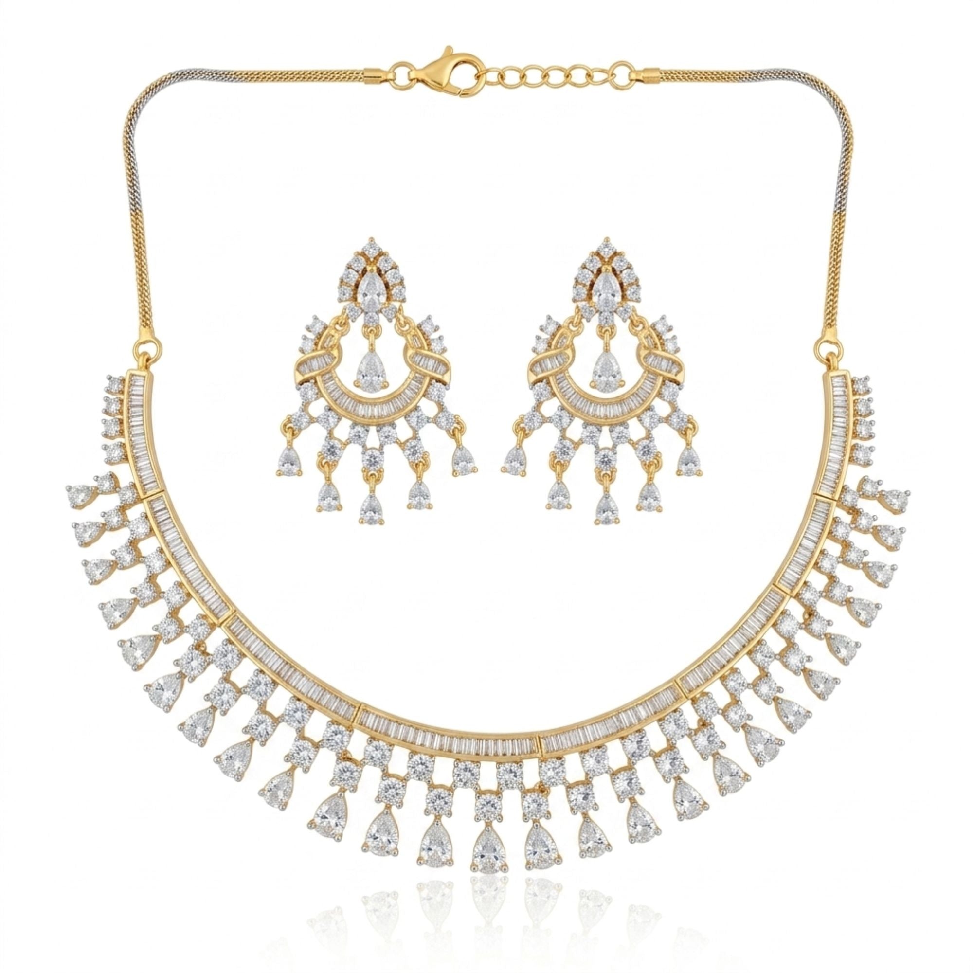 Gold-Plated Diamond Look CZ Necklace & Earrings Set | American Diamond Bridal & Party Wear | Brass | Long Statement Ethnic Jewellery | Roz Jewellers