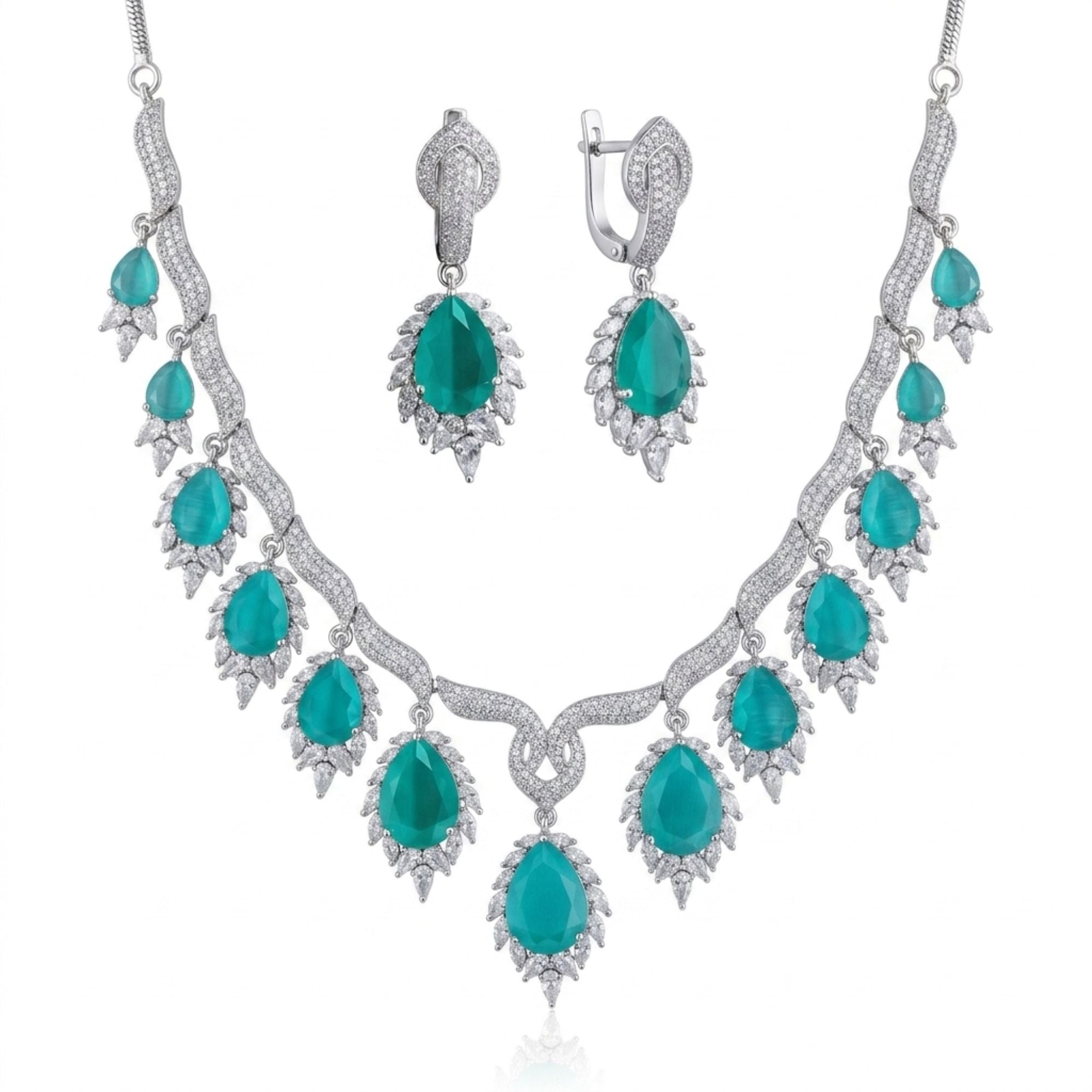 Mint Green Crystal CZ Necklace & Earrings Set | American Diamond Pastel Jewellery | Gold-Plated Brass | Long Statement Design | Indian Festive, Wedding & Haldi Wear | Roz Jewellers