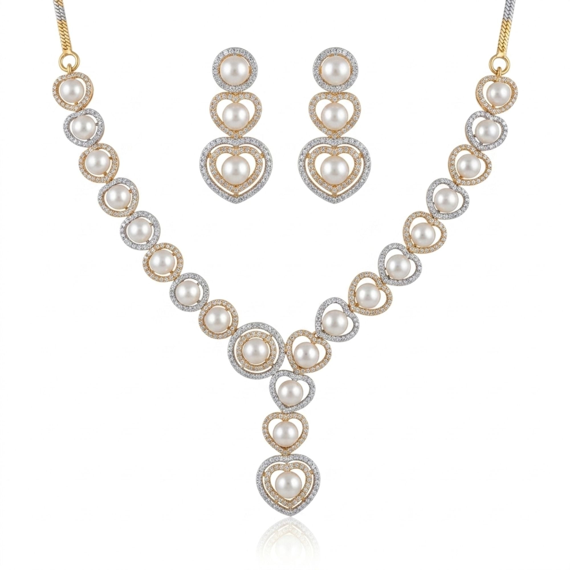 Pearl & CZ Necklace Set for Women with Earrings | Gold-Plated Brass | Modern Heirloom Bridal Jewellery | Indian Ethnic Wedding & Festive Wear | Roz Jewellers