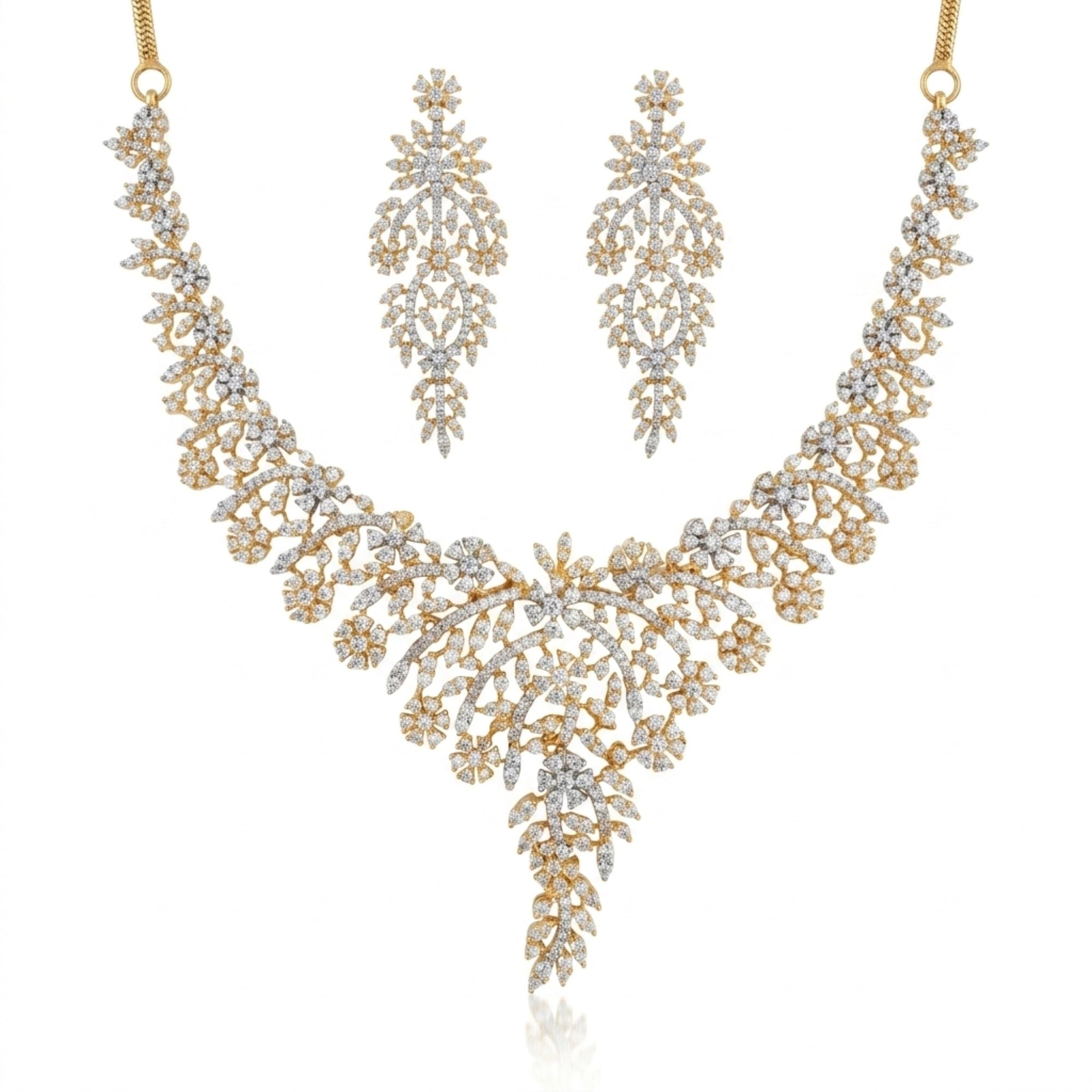 Gold Plated CZ Necklace & Earrings Set | Elegant Bridal Jewellery | Roz Jewellers
