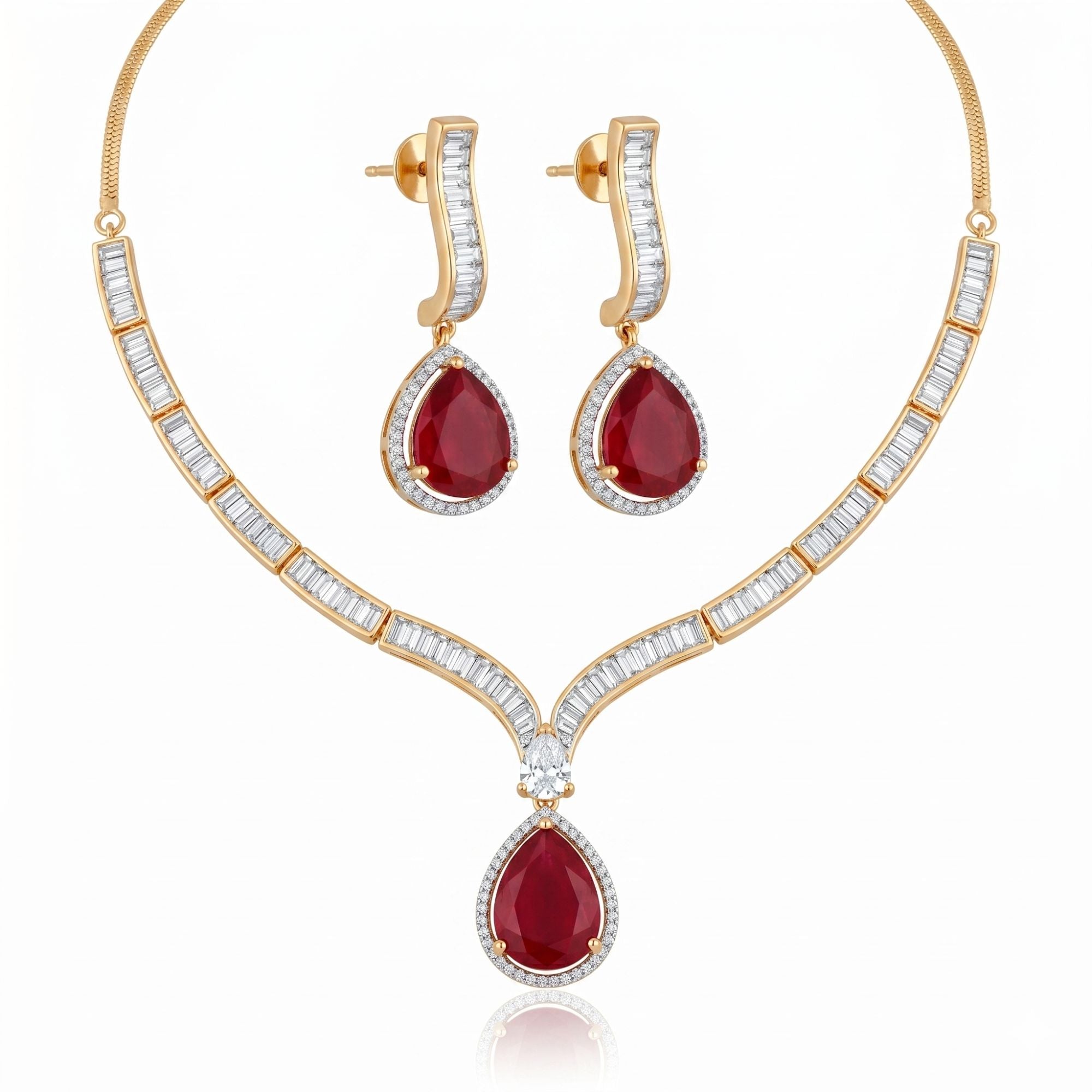 Indian Ruby Stone Necklace & Earrings Set | Gold Tone Bridal Jewellery | Roz Jewellers