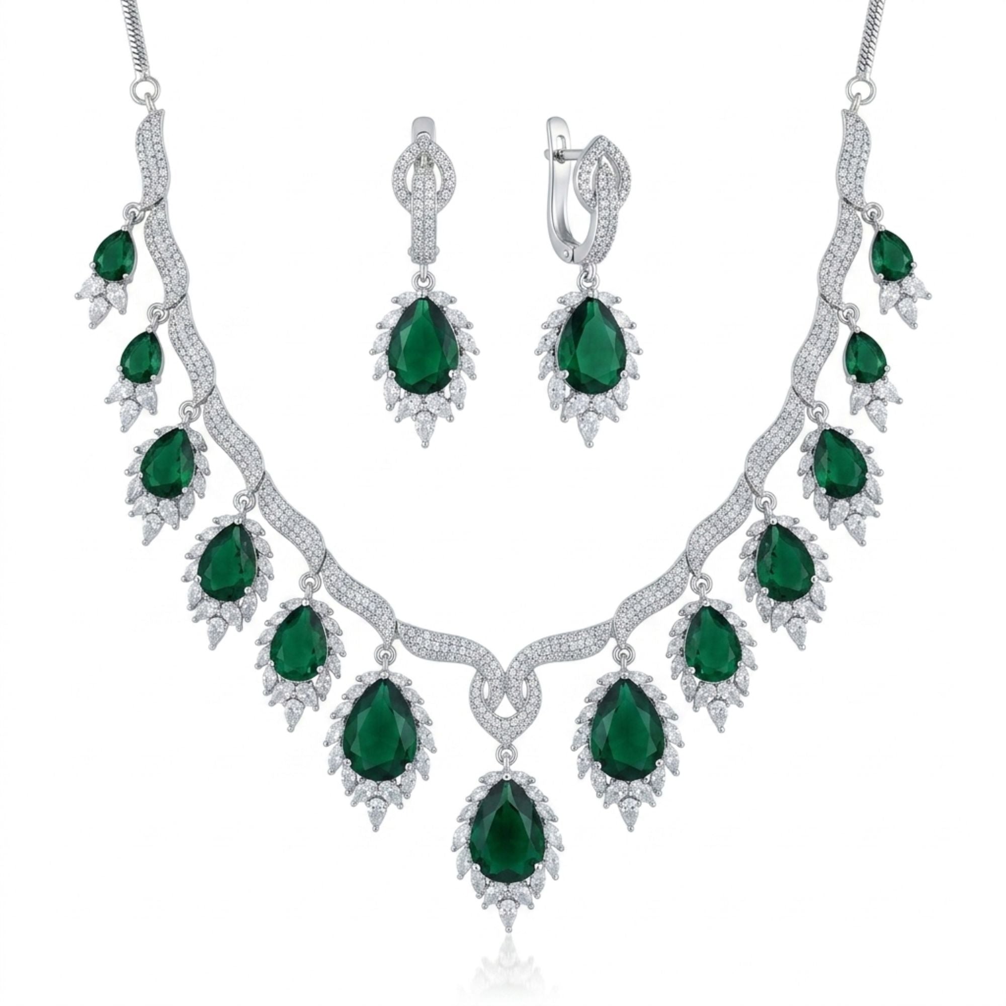 Emerald Green CZ Necklace & Earrings Set | American Diamond Royal Bridal Statement Jewellery | Gold-Plated Brass | Long 22CM | Indian Wedding, Reception & Festive Wear | Roz Jewellers