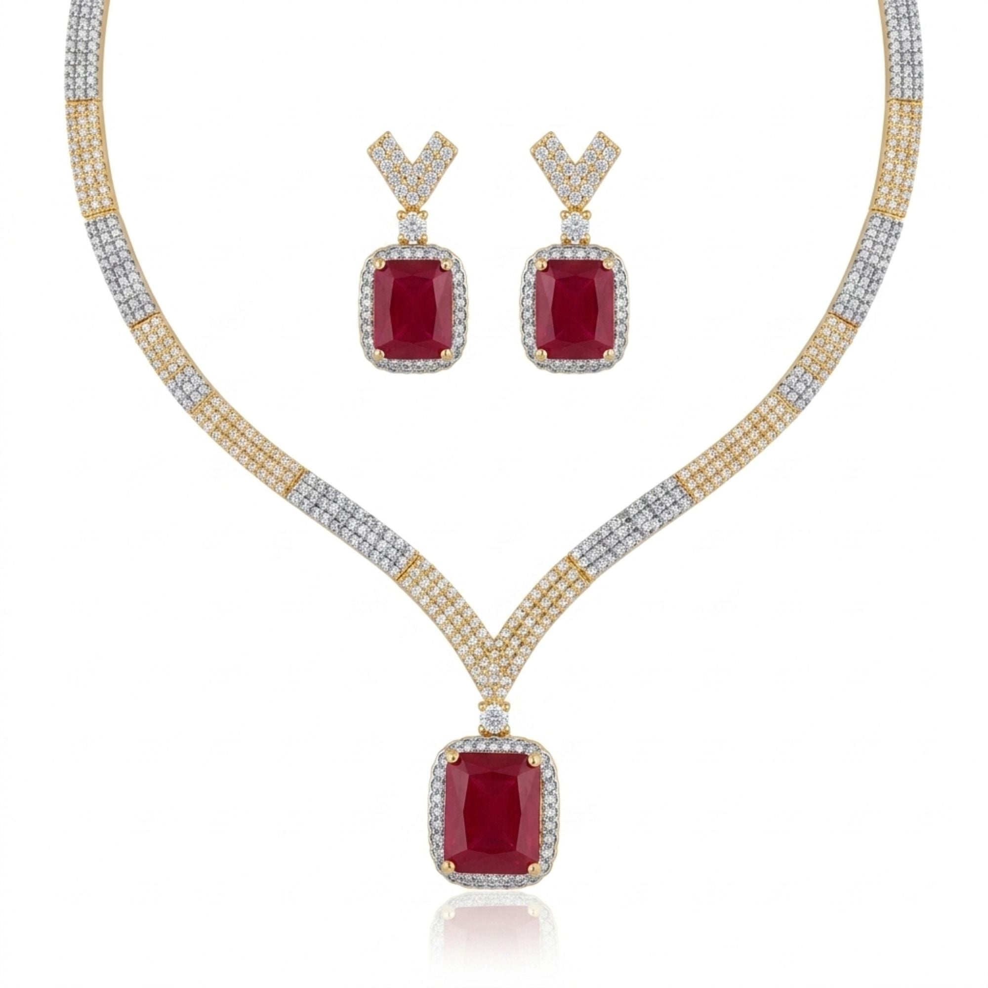 Ruby Red Stone Necklace & Earrings Set | Slim Gold-Plated Brass | Minimal Elegant Design | Daily Wear, Wedding Guest & Festive Jewellery for Women | Roz Jewellers