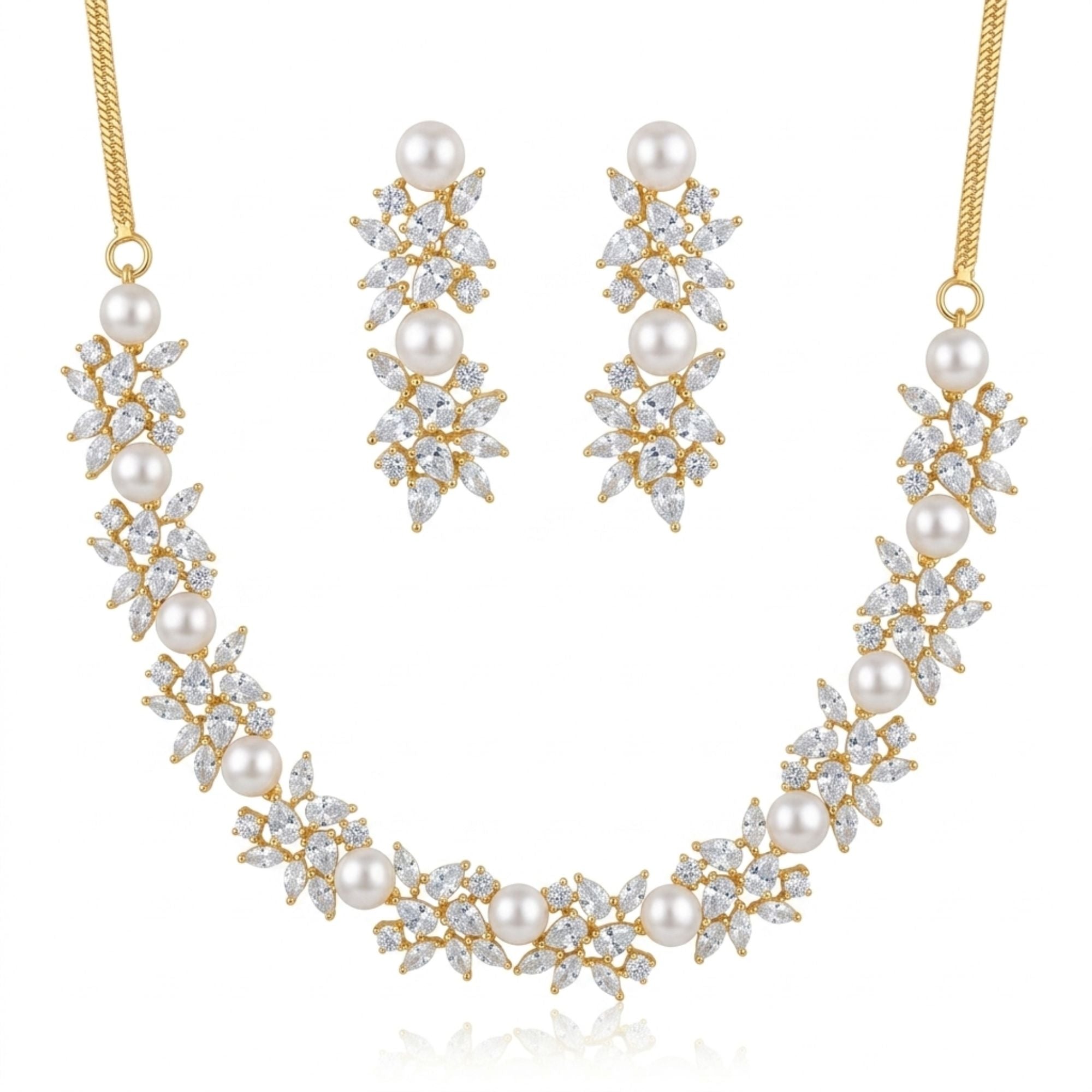 Bridal Pearl & CZ Necklace Set with Earrings | Short Gold-Plated Choker Style | Modern Heirloom | Indian Wedding, Reception & Festive Jewellery | Roz Jewellers