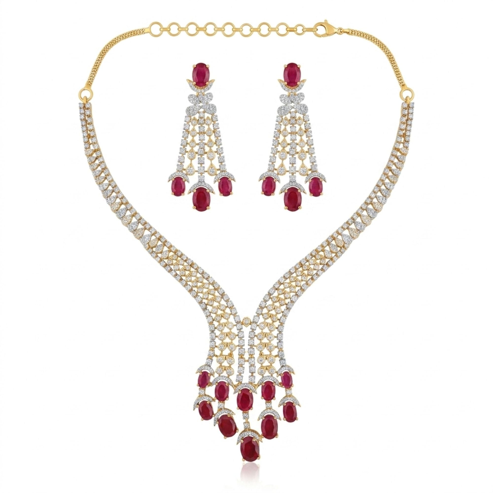 Indian Ruby Stone Necklace & Earrings Set | Gold Tone Bridal Jewellery | Roz Jewellers