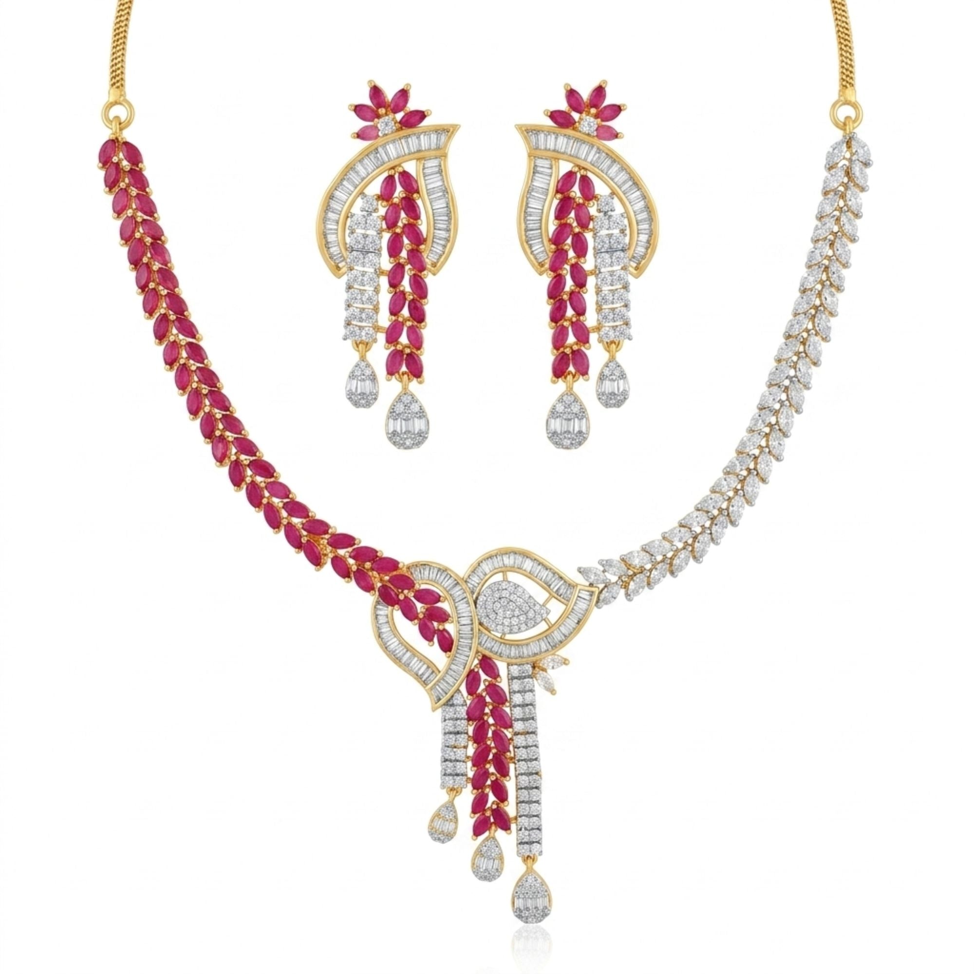 Ruby & CZ Bridal Necklace & Earrings Set | Gold Plated Bollywood Jewellery | Roz Jewellers