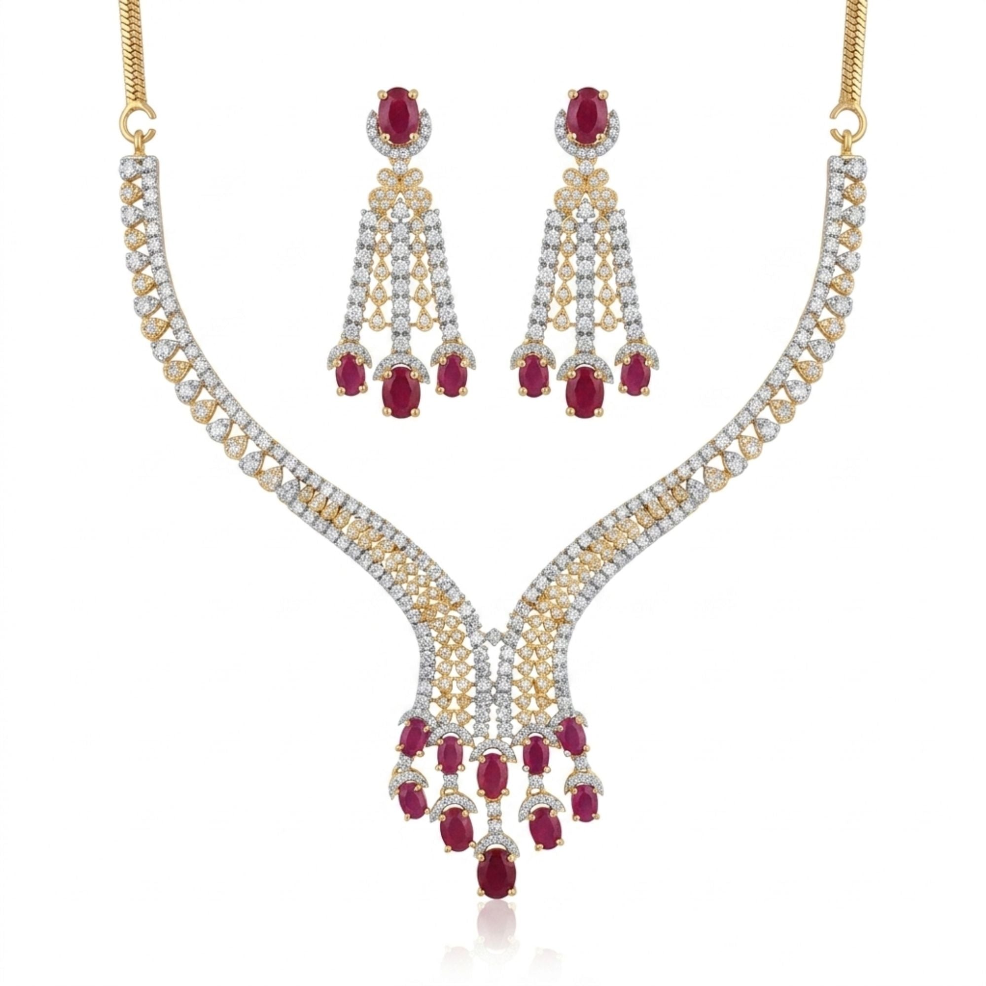 Ruby Red CZ Bridal Necklace & Earrings Set | Wide 6CM Gold-Plated Choker Statement | American Diamond Crystal | Indian Wedding, Reception & Festive Jewellery | Roz Jewellers