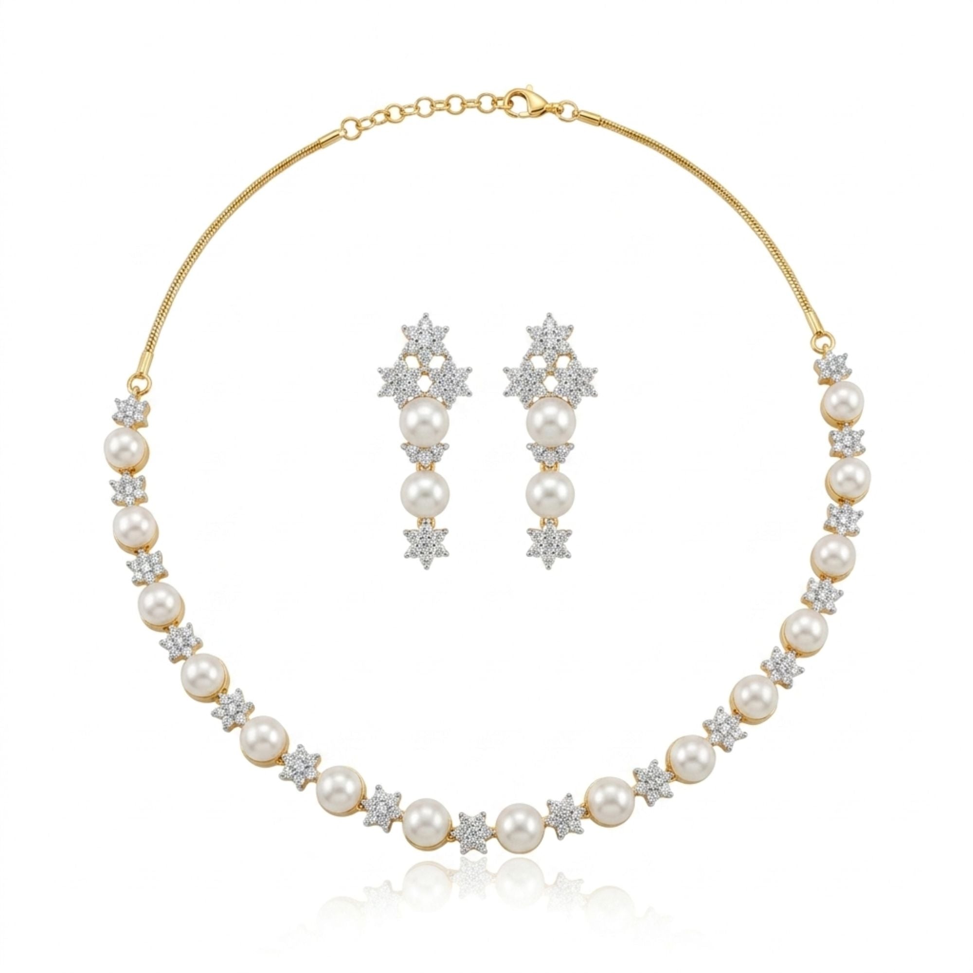 White Pearl & CZ Necklace Set | Gold Plated Festive Jewellery | Roz Jewellers