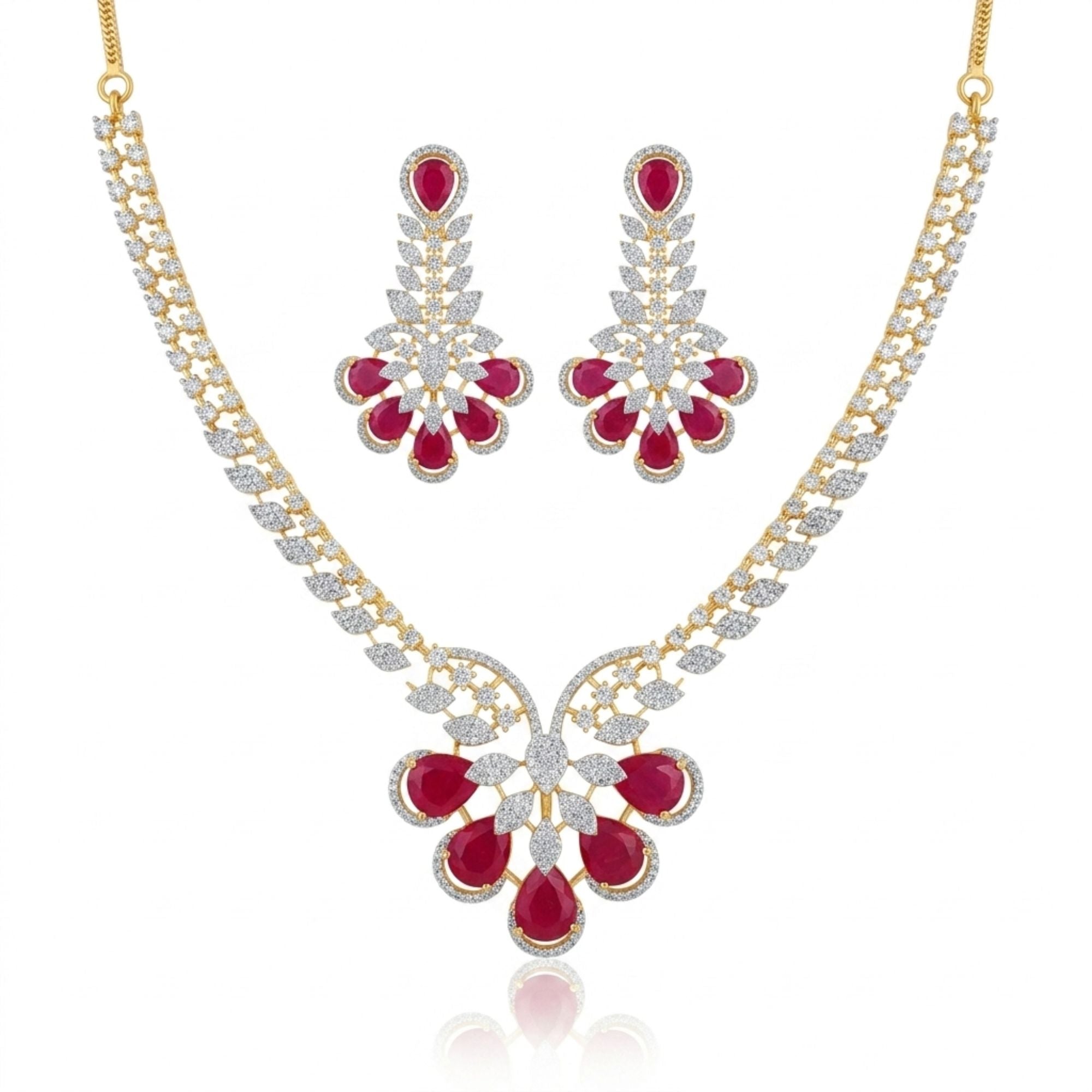 Ruby Red & CZ Crystal Bridal Necklace Set with Statement Earrings | Gold-Plated Brass | Indian Wedding, Reception & Festive Jewellery | Roz Jewellers