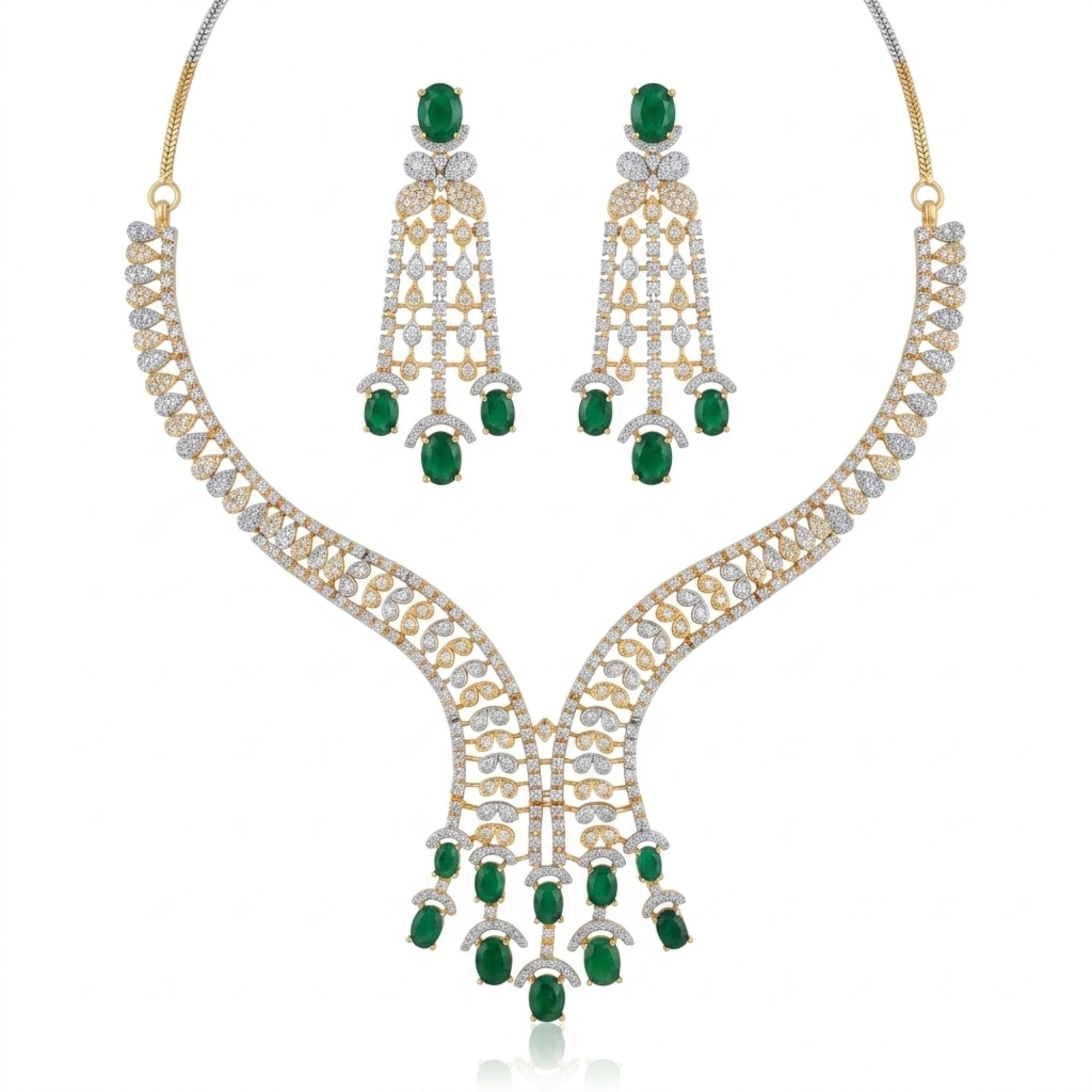 Emerald Green & CZ Long Necklace Set | Gold Plated Bridal Jewellery | Roz Jewellers