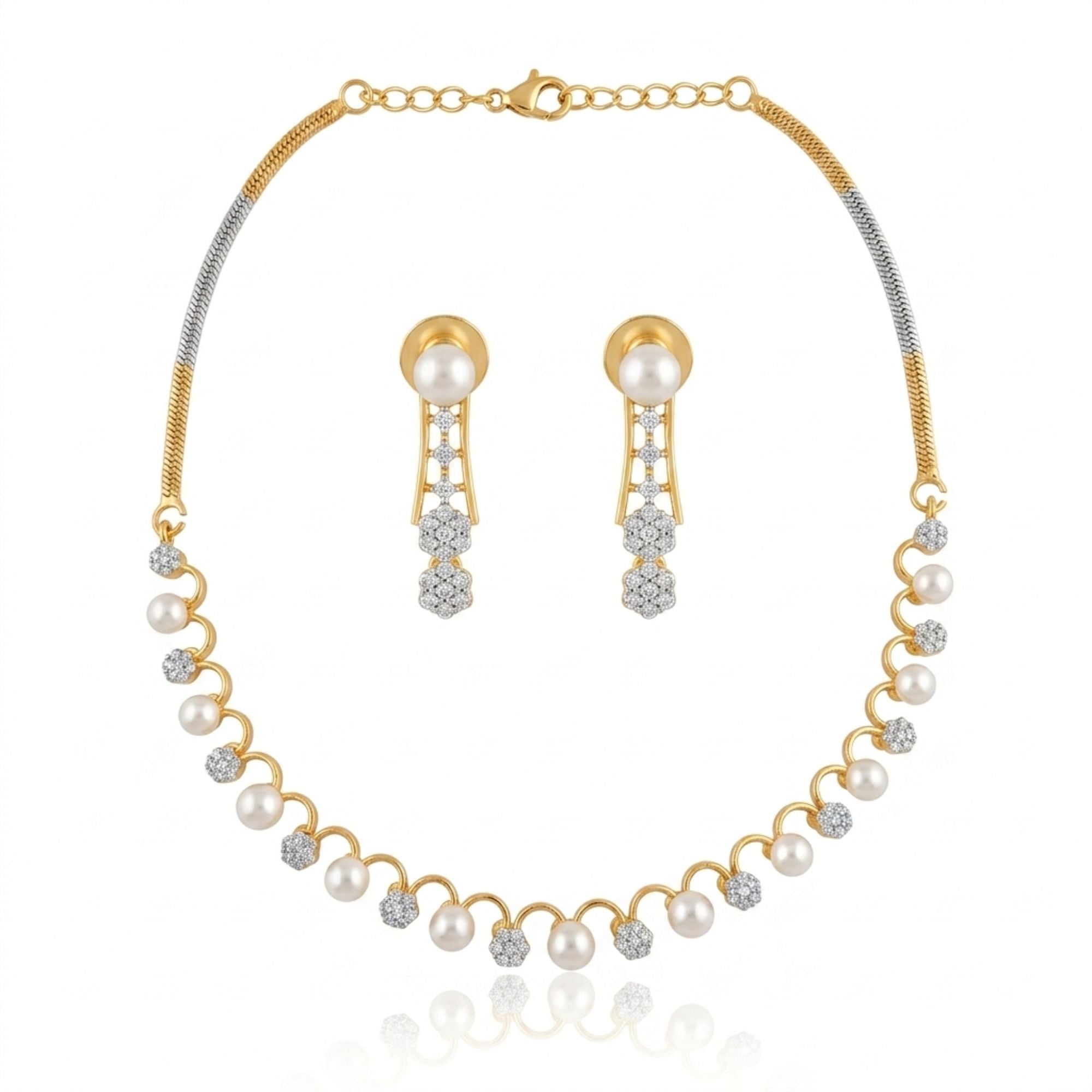 White Pearl Necklace & Earrings Set | Gold-Plated Brass | Minimal Classic Design | Daily Wear, Ethnic & Festive Occasion Jewellery for Women | Roz Jewellers