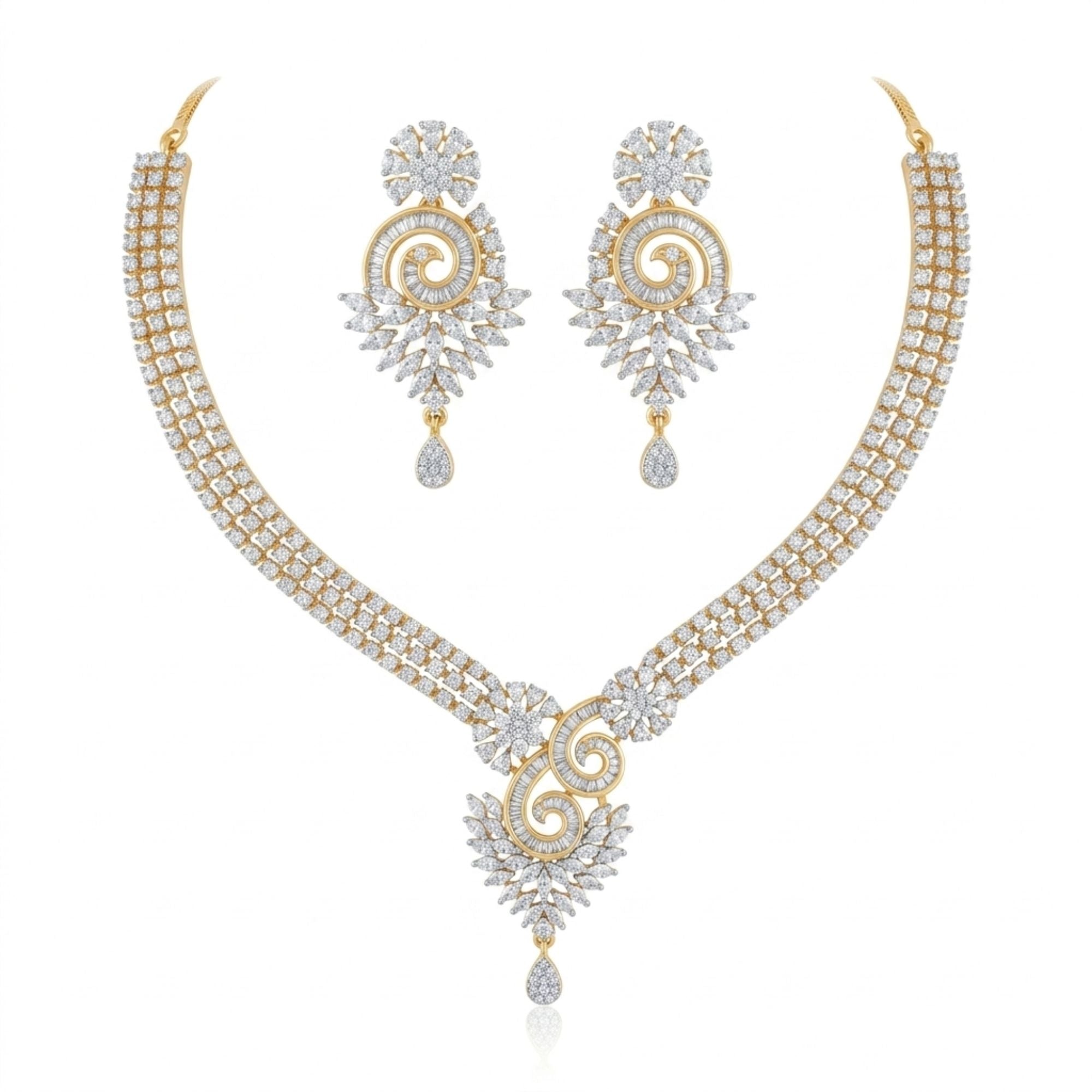 Gold-Plated Cubic Zirconia Necklace & Earrings Set | American Diamond Statement Jewellery | Brass | Ethnic & Party Wear | Roz Jewellers