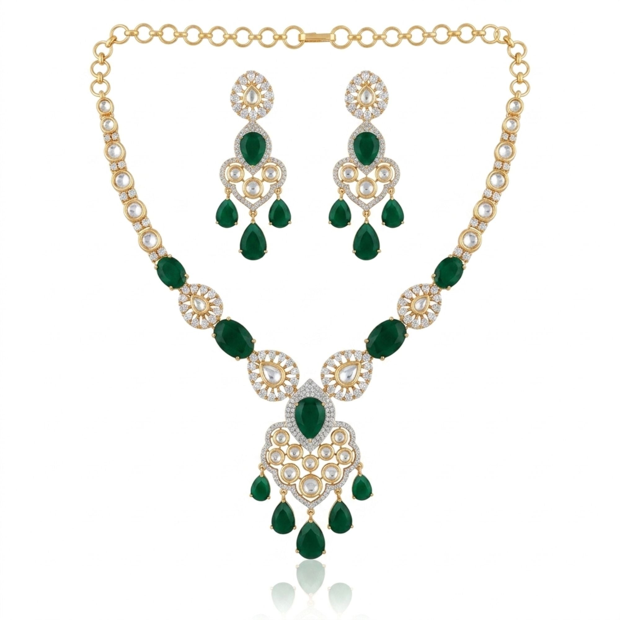 Bollywood Emerald Green & CZ Bridal Necklace Set | Gold-Plated Brass | American Diamond Halo | Indian Wedding & Festive Jewellery | Roz Jewellers