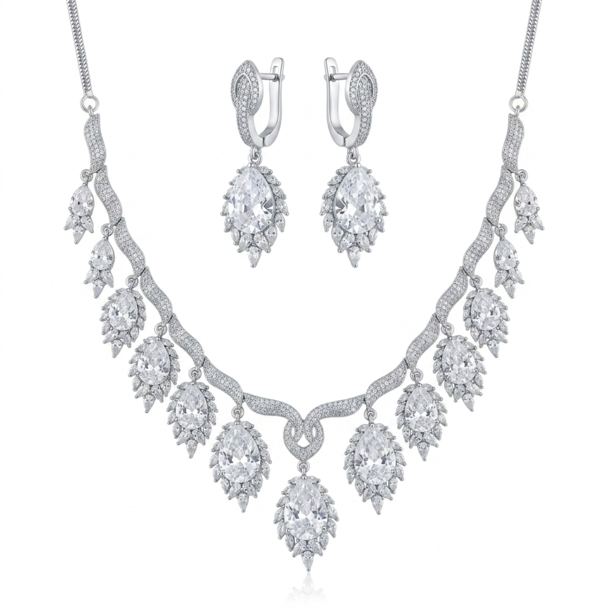 White CZ Diamond Look Necklace & Earrings Set | Grand Bridal Statement Jewellery | Gold-Plated Brass | Long 22CM American Diamond | Indian Wedding, Reception & Festive Wear | Roz Jewellers