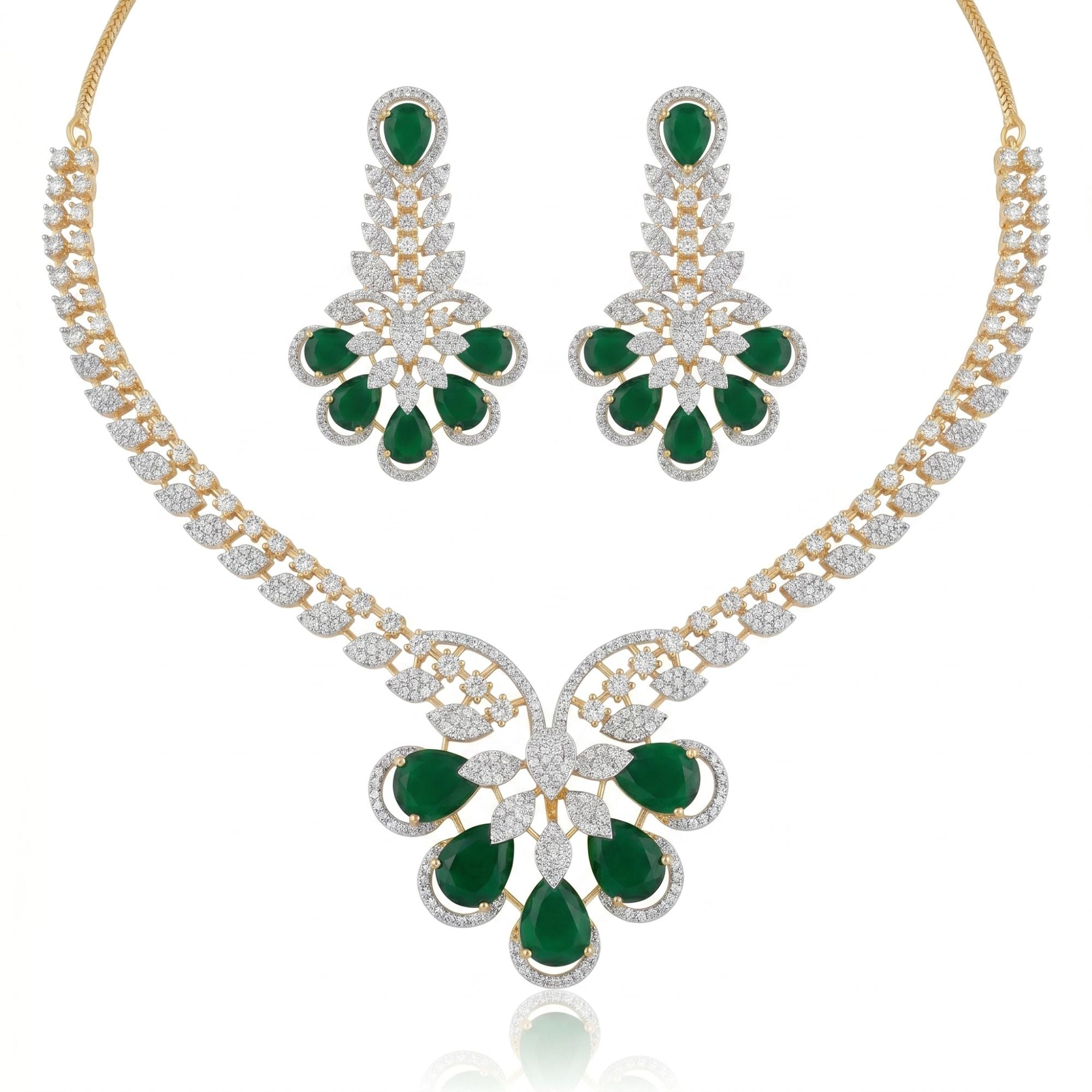 Royal Emerald Green & CZ Bridal Necklace Set | Gold Plated Teardrop Jewellery | Roz Jewellers
