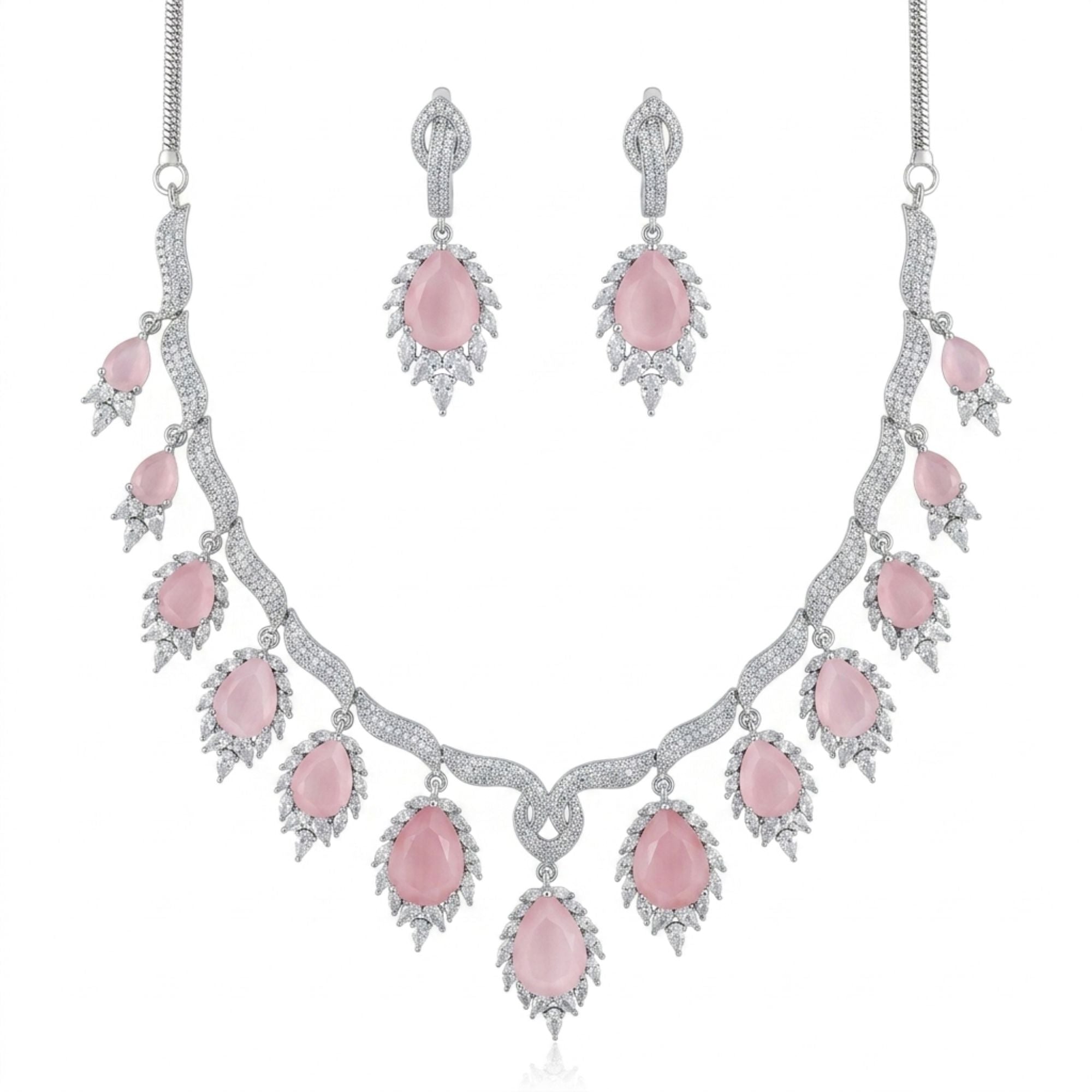 Pink Crystal & CZ Necklace Set | Gold Plated Party Jewellery | Roz Jewellers