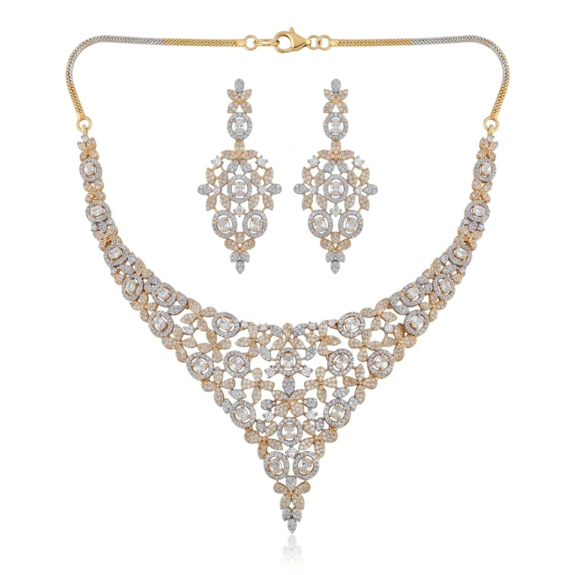 Luxury CZ Bridal Necklace & Earrings Set | Art Deco Gold Tone | Antique Style American Diamond | Wedding, Reception & Gala Jewellery | Roz Jewellers