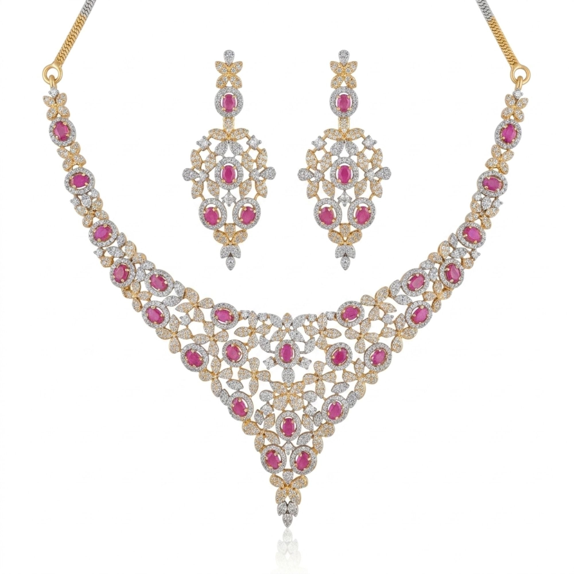 Indian CZ & Ruby Stone Necklace & Earrings Set | Gold Plated Bridal Jewellery | Roz Jewellers