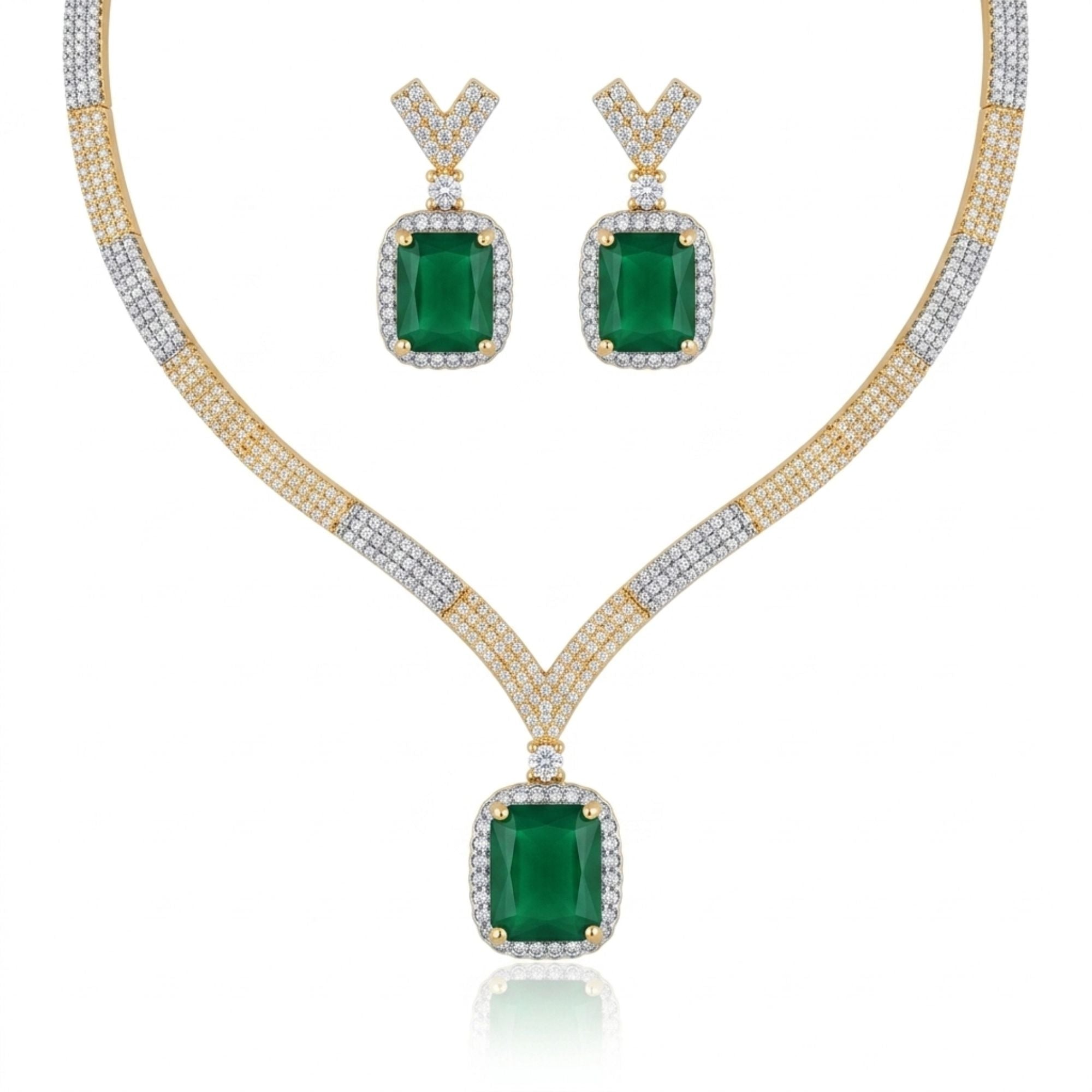 Emerald Green & CZ Necklace Set | Gold Tone Bridal Jewellery | Roz Jewellers