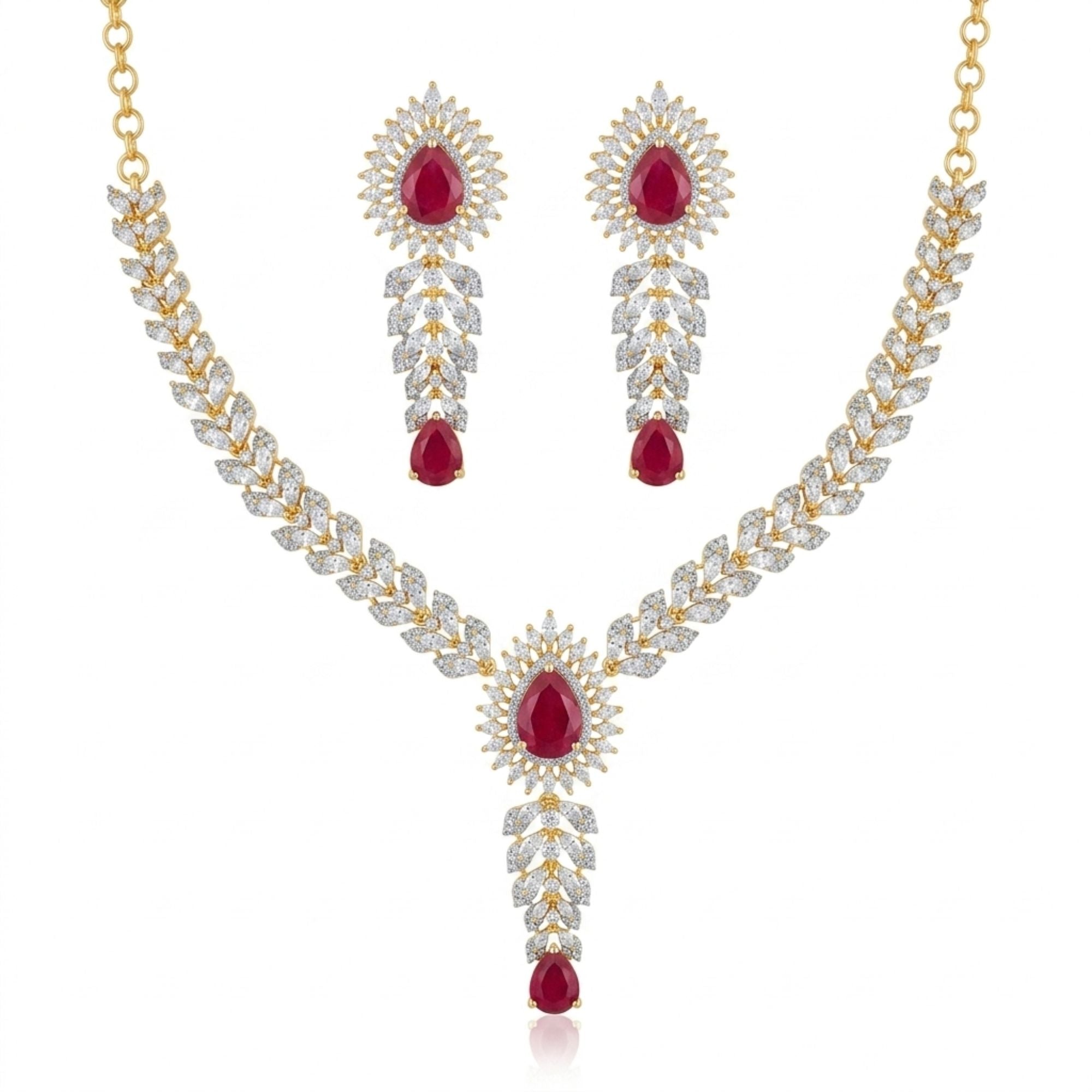 Ruby Red Stone Necklace & Earrings Set | Gold-Plated Brass | Bold Bridal & Wedding Statement Jewellery | Indian Ethnic Reception & Festive Wear | Roz Jewellers