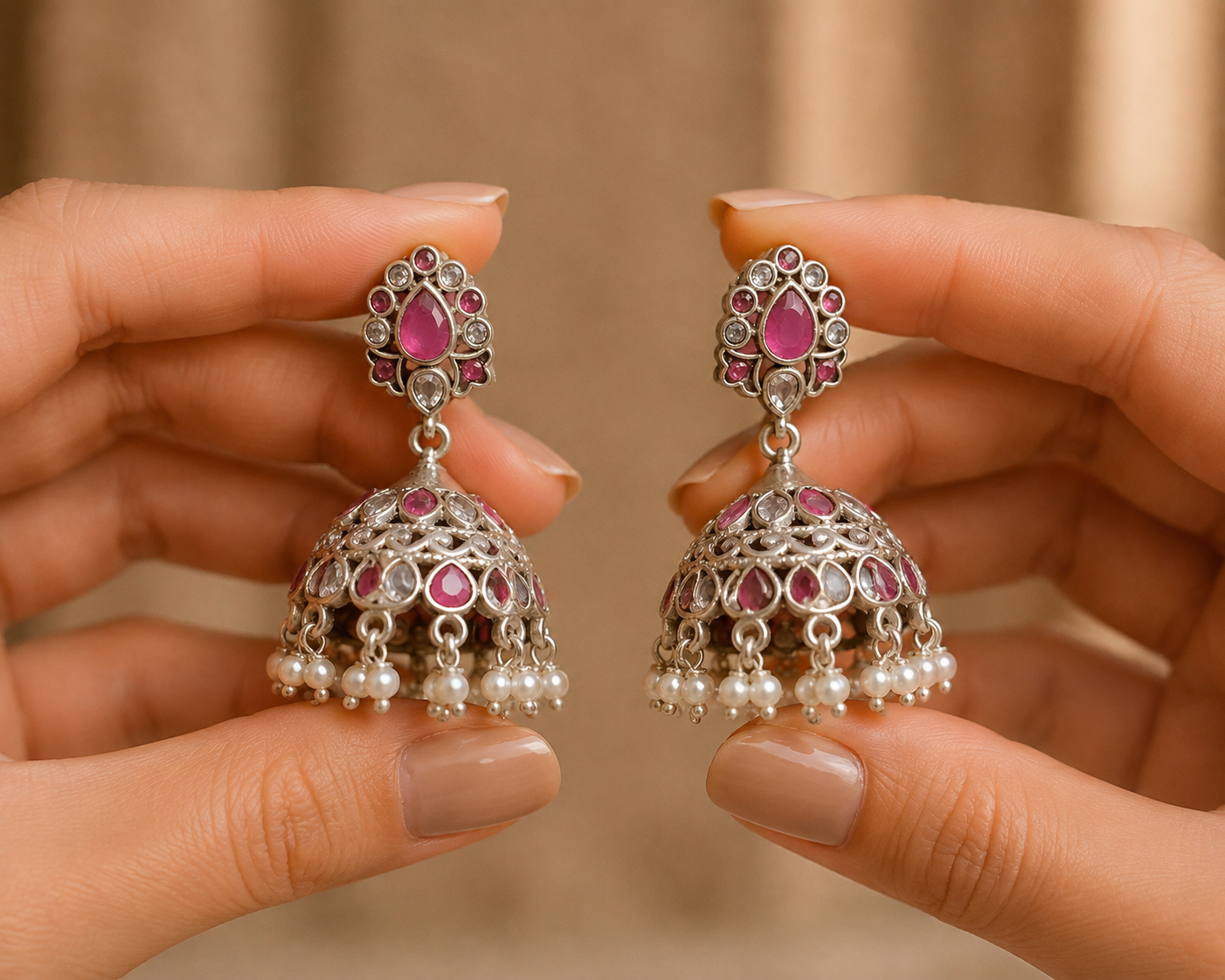 Royal Kundan Silver Jhumki Earrings with Pearl Drops Roz Jewellers.