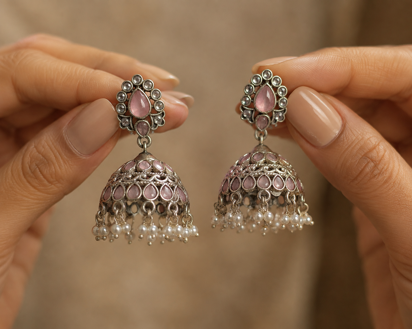 Oxidized Silver Pink Stone Kundan Jhumka Earrings with Pearl Drops Roz Jewellers.