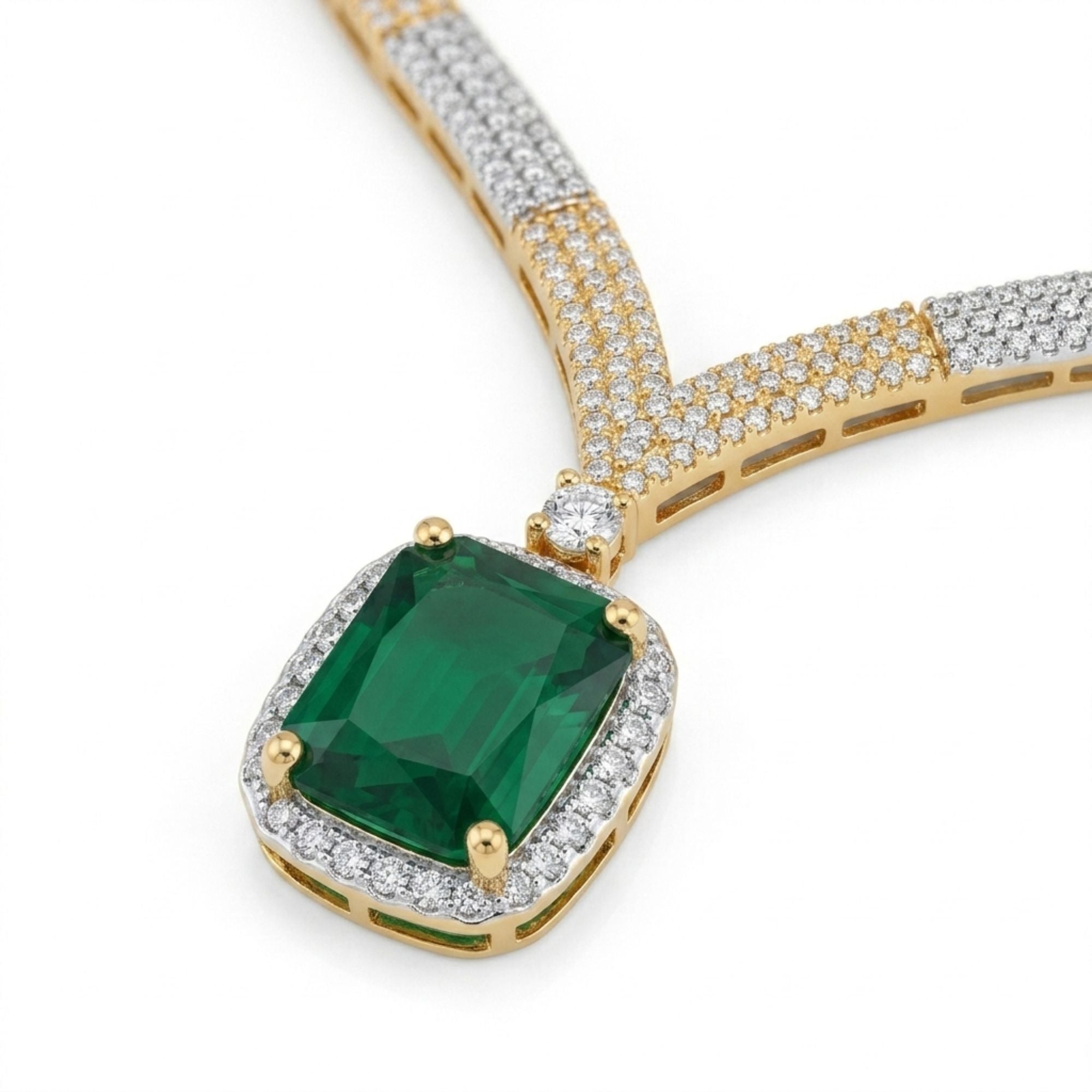 Emerald Green & CZ Necklace Set | Gold Tone Bridal Jewellery | Roz Jewellers