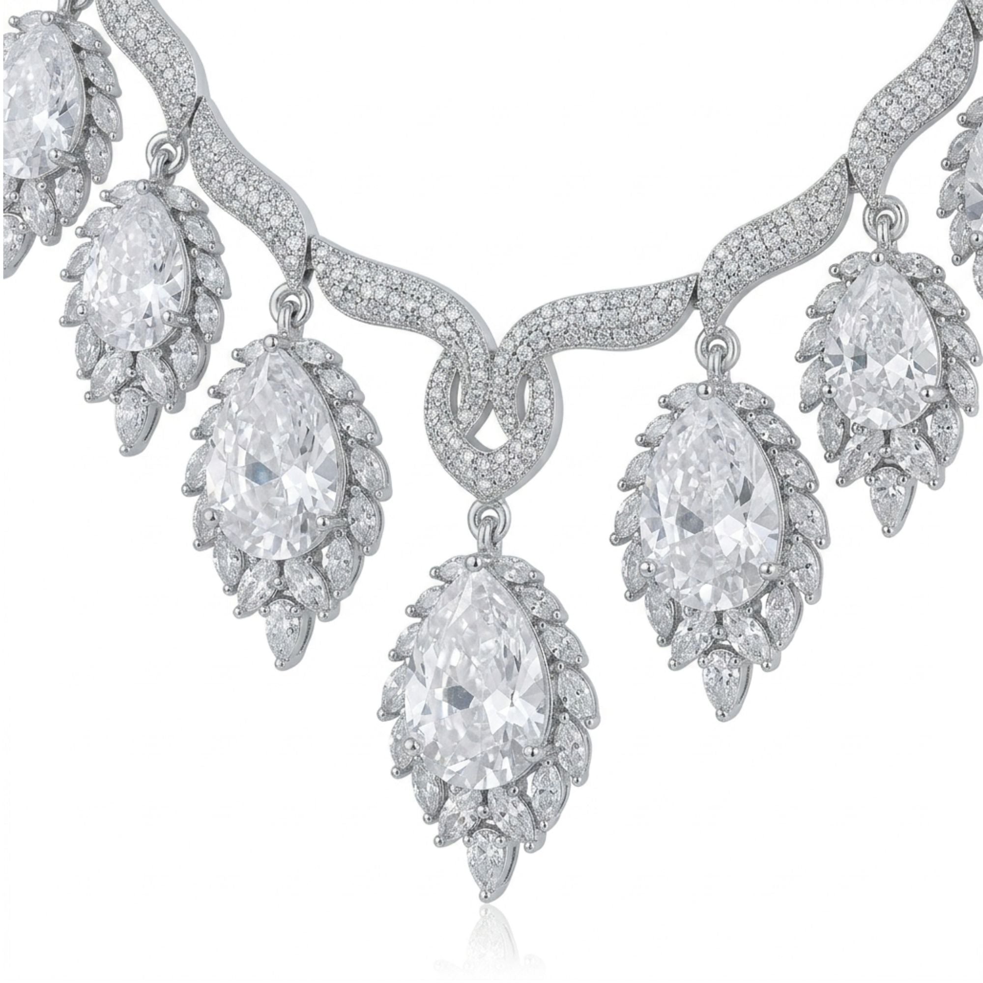 White CZ Diamond Look Necklace & Earrings Set | Grand Bridal Statement Jewellery | Gold-Plated Brass | Long 22CM American Diamond | Indian Wedding, Reception & Festive Wear | Roz Jewellers
