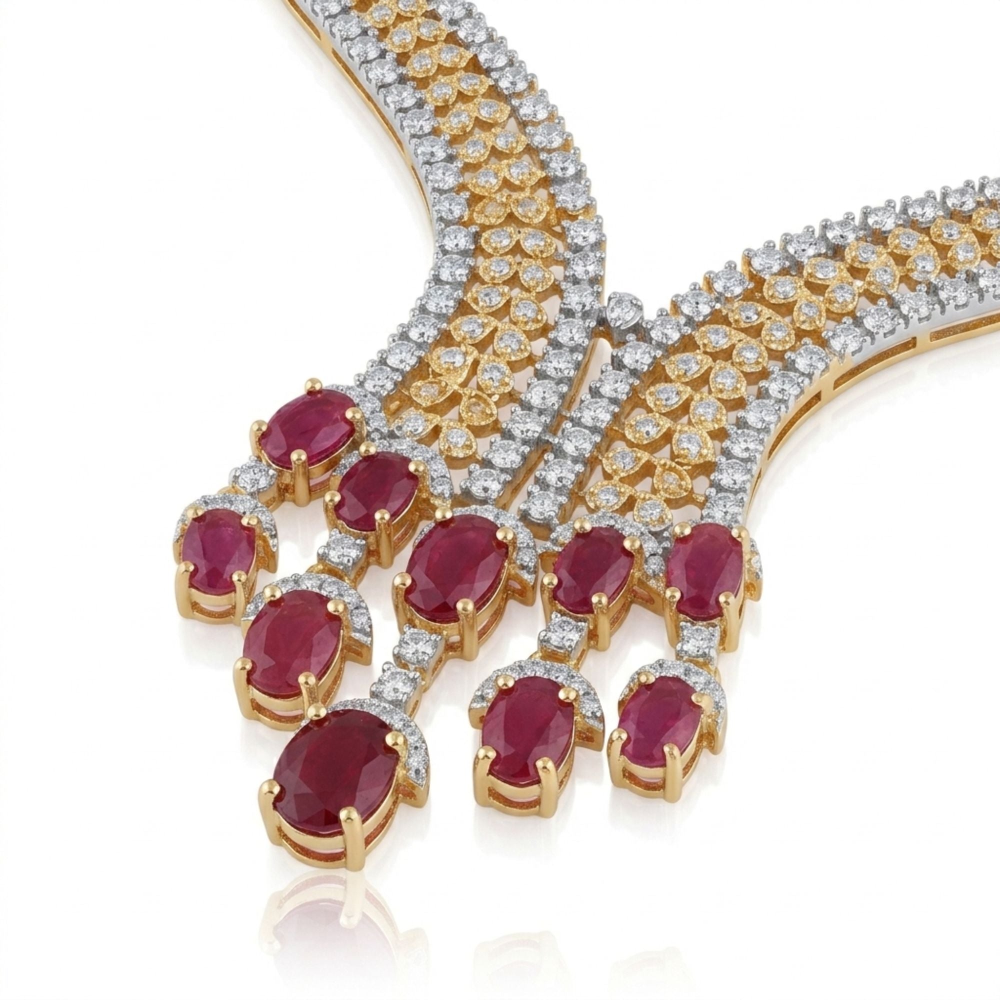 Ruby Red CZ Bridal Necklace & Earrings Set | Wide 6CM Gold-Plated Choker Statement | American Diamond Crystal | Indian Wedding, Reception & Festive Jewellery | Roz Jewellers