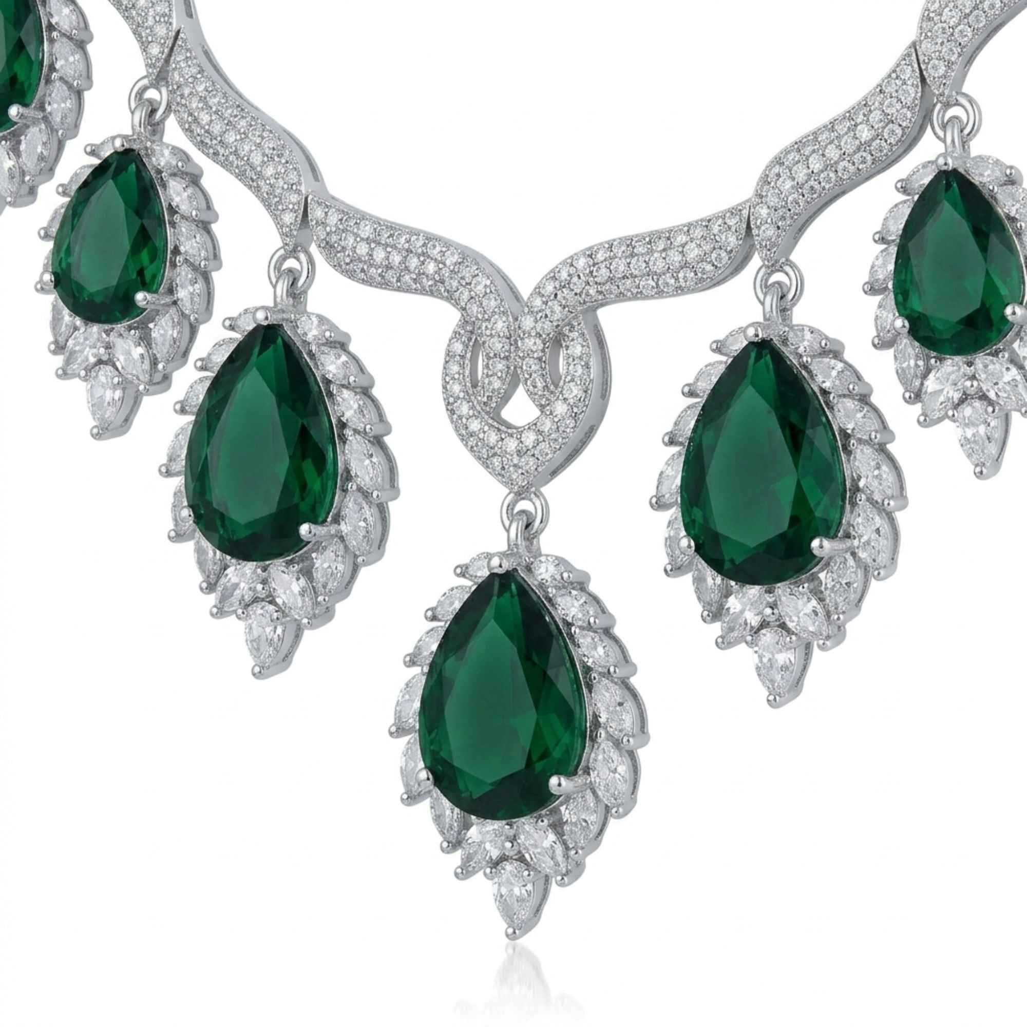 Emerald Green CZ Necklace & Earrings Set | American Diamond Royal Bridal Statement Jewellery | Gold-Plated Brass | Long 22CM | Indian Wedding, Reception & Festive Wear | Roz Jewellers