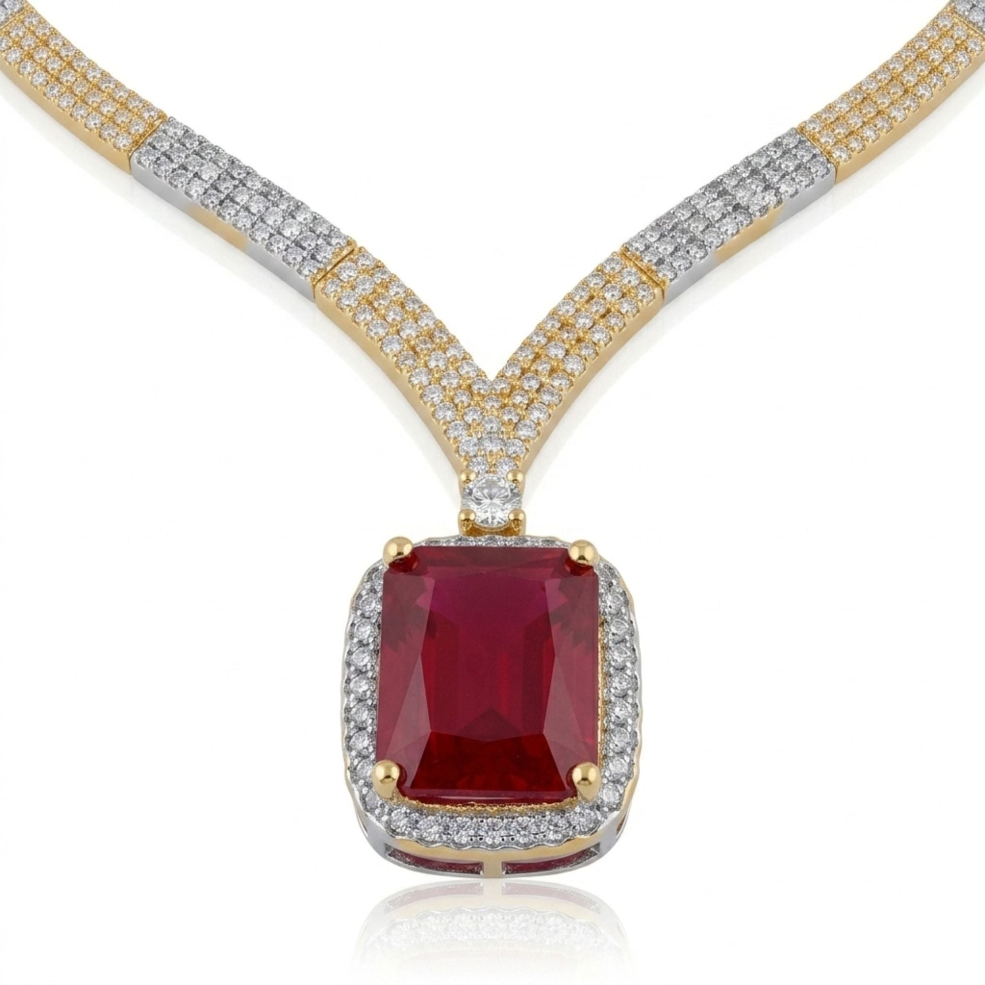 Ruby Red Stone Necklace & Earrings Set | Slim Gold-Plated Brass | Minimal Elegant Design | Daily Wear, Wedding Guest & Festive Jewellery for Women | Roz Jewellers