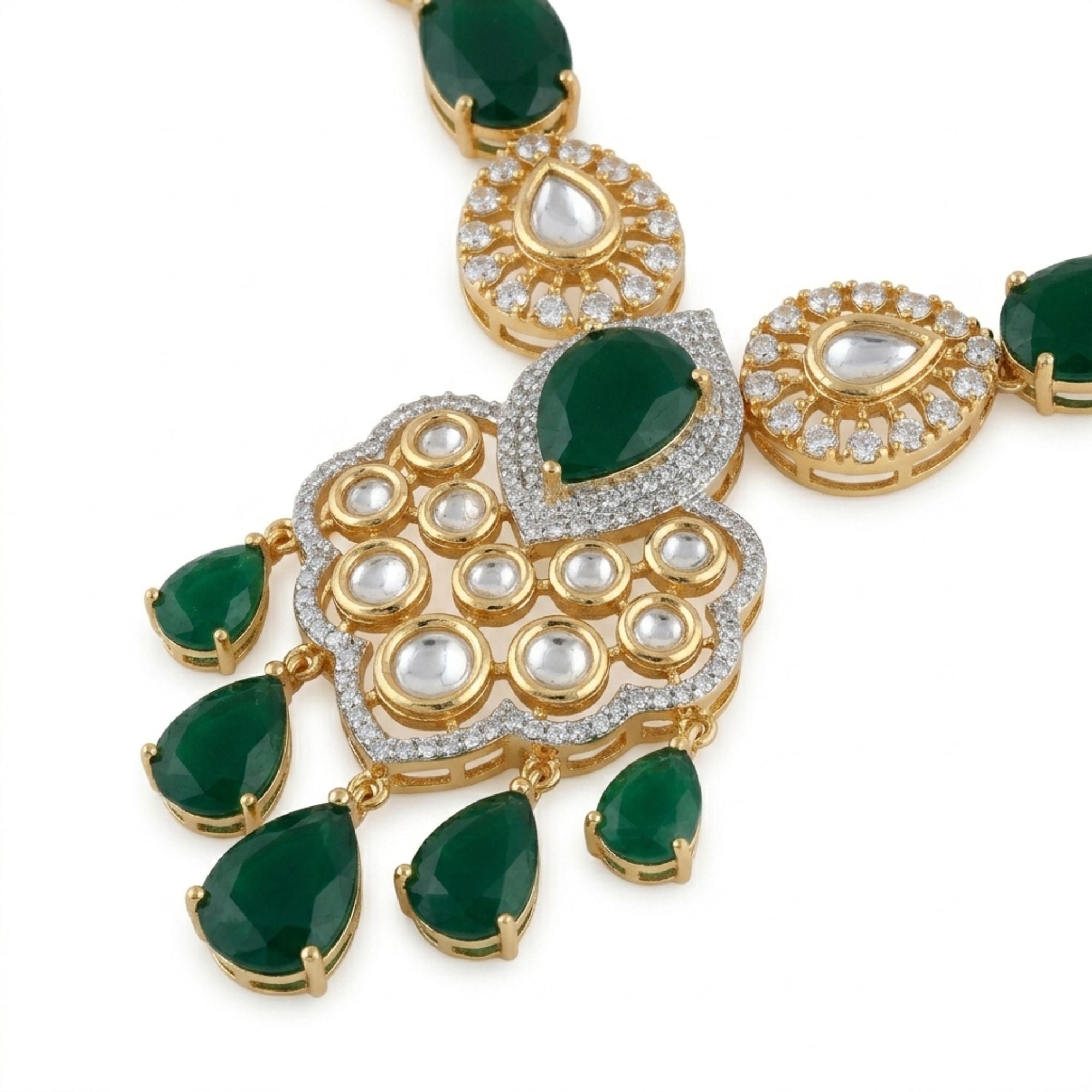 Bollywood Emerald Green & CZ Bridal Necklace Set | Gold-Plated Brass | American Diamond Halo | Indian Wedding & Festive Jewellery | Roz Jewellers