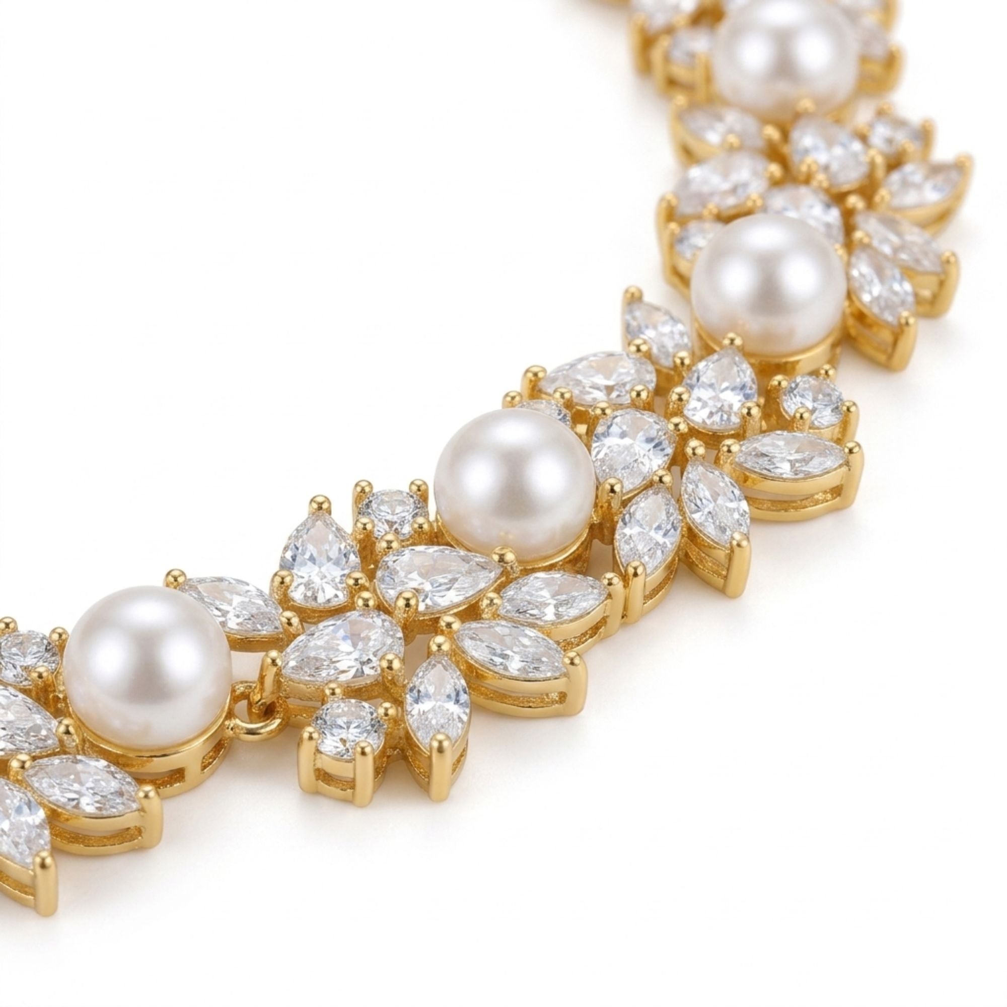 Bridal Pearl & CZ Necklace Set with Earrings | Short Gold-Plated Choker Style | Modern Heirloom | Indian Wedding, Reception & Festive Jewellery | Roz Jewellers