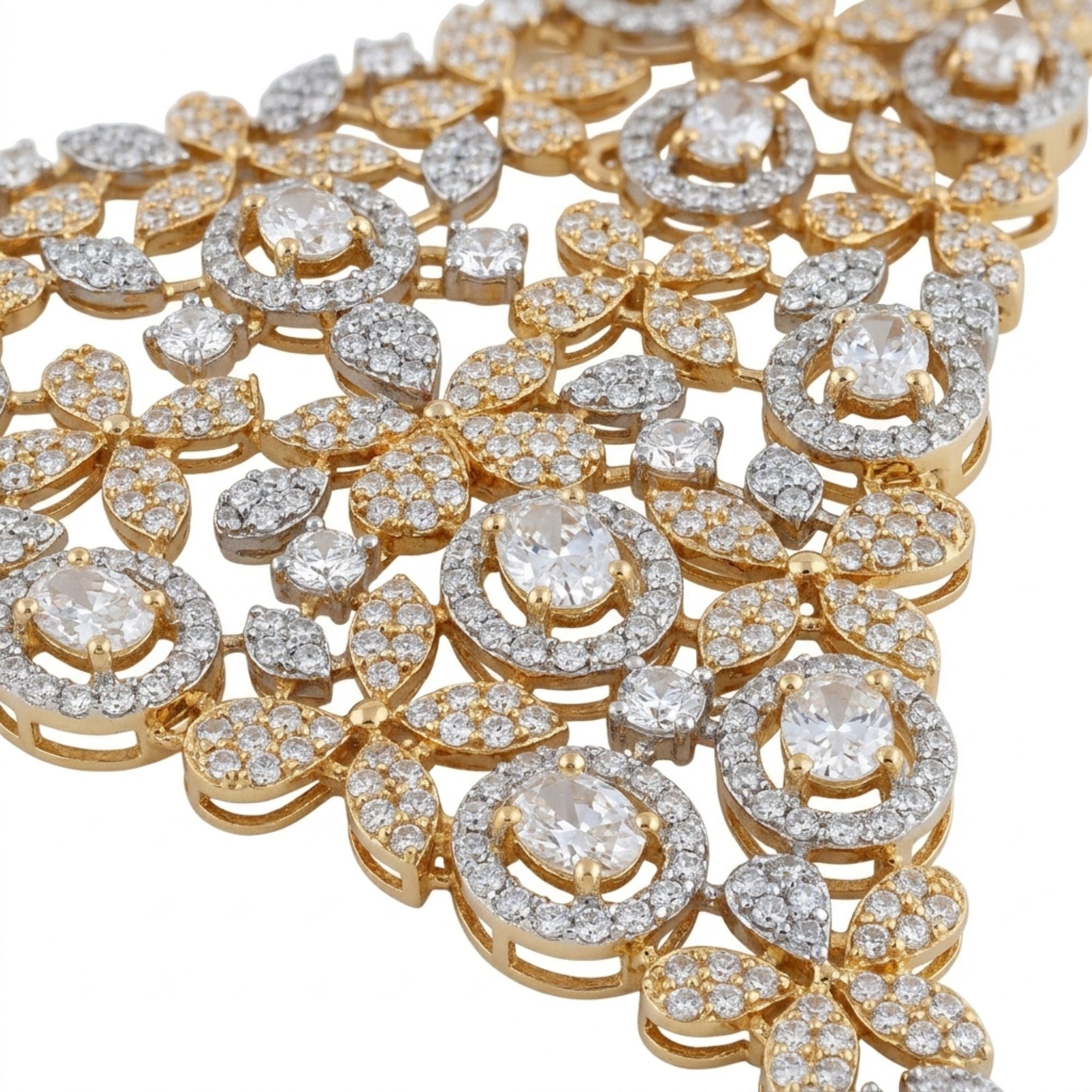 Luxury CZ Bridal Necklace & Earrings Set | Art Deco Gold Tone | Antique Style American Diamond | Wedding, Reception & Gala Jewellery | Roz Jewellers