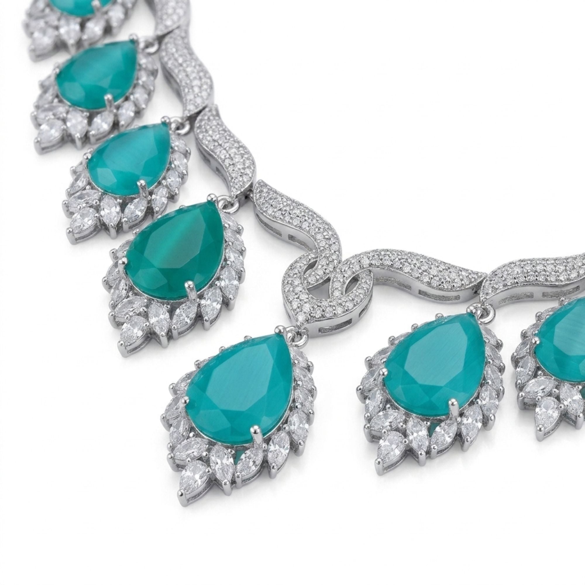 Mint Green Crystal CZ Necklace & Earrings Set | American Diamond Pastel Jewellery | Gold-Plated Brass | Long Statement Design | Indian Festive, Wedding & Haldi Wear | Roz Jewellers